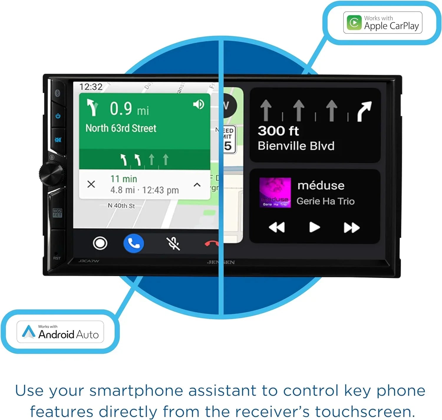 Jensen J3CA7W 7-inch Certified CarPlay Android Auto, Wired or Wireless, Double DIN Car Stereo Radio, New