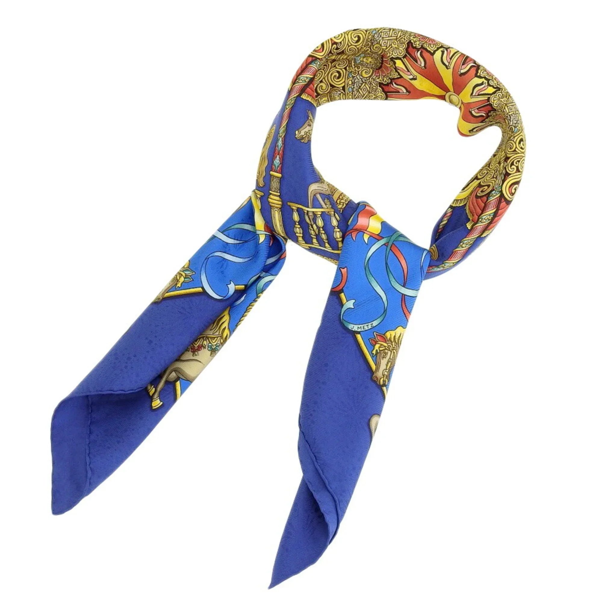 Pre-Owned HERMES KARE90 LUNA PARK Amusement Park Horse Carousel Scarf Muffler Silk Blue (Good)