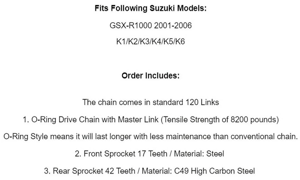 Blue O-Ring Drive Chain & Sprockets Kit for Suzuki GSX-R1000 GSXR1000 2001-2006