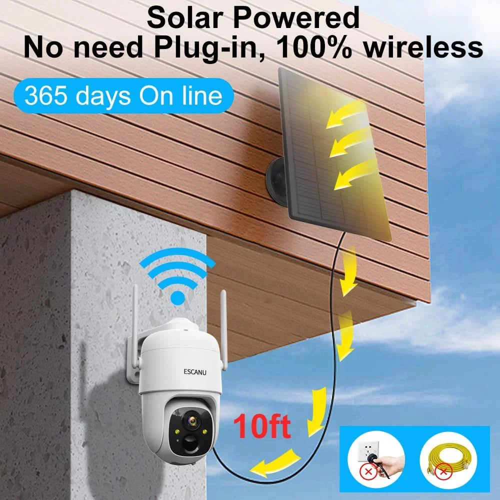 PTZ Solar WiFi Security Camera with , Color Night Vision, 360 View, Waterproof, Alarm - Rechargeable Battery