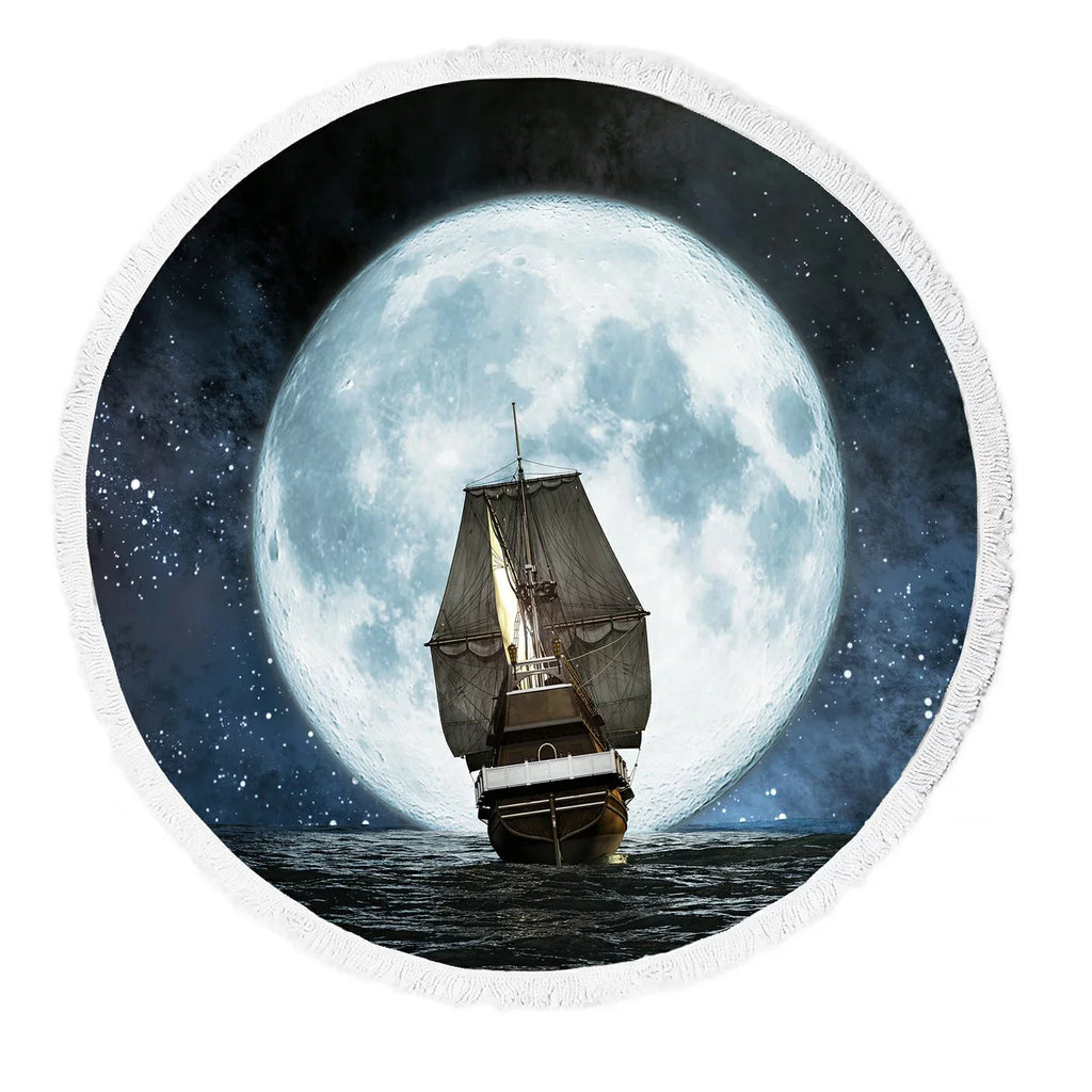 GCKG Ocean Beach Towel, Moon Boat and Reflection in the Water Artwork Beach Towel Beach Blanket with Tassels Beach Throw Towel Yoga Mat Picnic Blanket