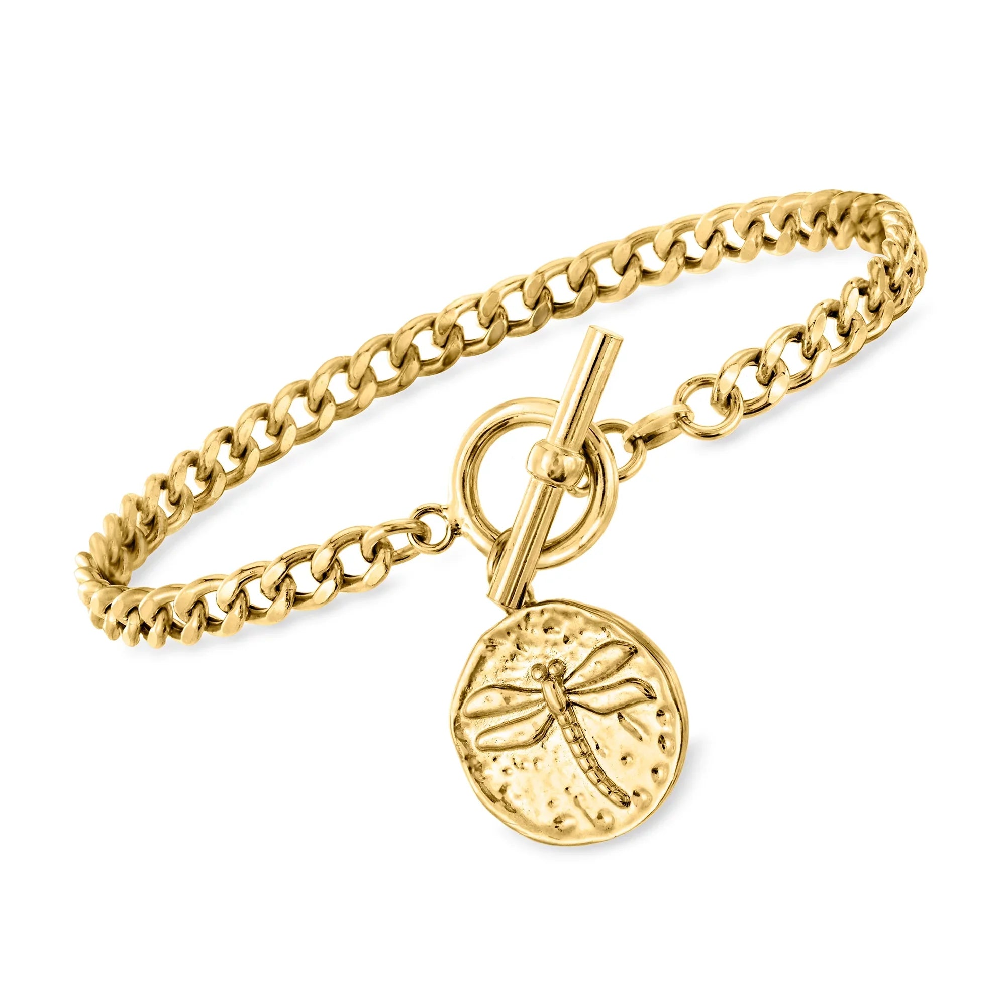 Ross-Simons Italian 18kt Gold Over Sterling Curb-Link Toggle Bracelet With Dragonfly Charm, Women's, Adult