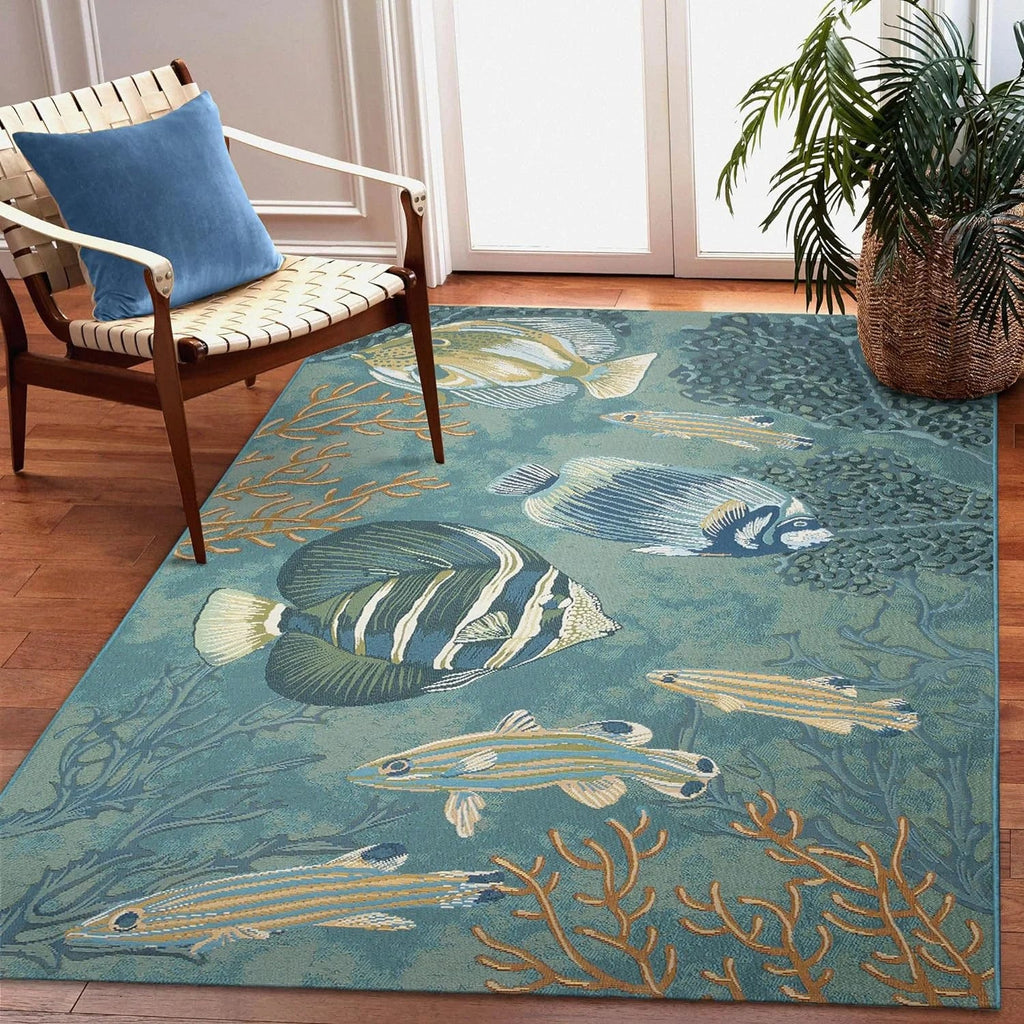 Marina Indoor/Outdoor Power Loomed Synthetic Blend Low Profile Area Rug - Transitional Graphic Coastal Animal Colorful (Fish Aqua) (6'6" X 9'4")