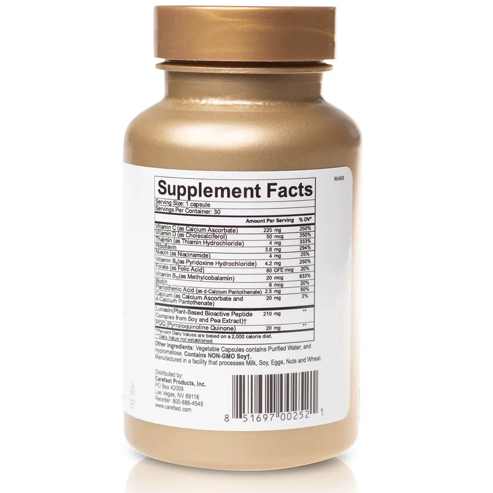 Carefast PQQ Lunasin Vitality 20mg Pyroloquinoline Quinone, 10mg Bioactive LunaCell Supplement - Mitochondrial Biogenesis, Cellular Health & Stress Formula, Non-GMO - 30 Dietary Capsules