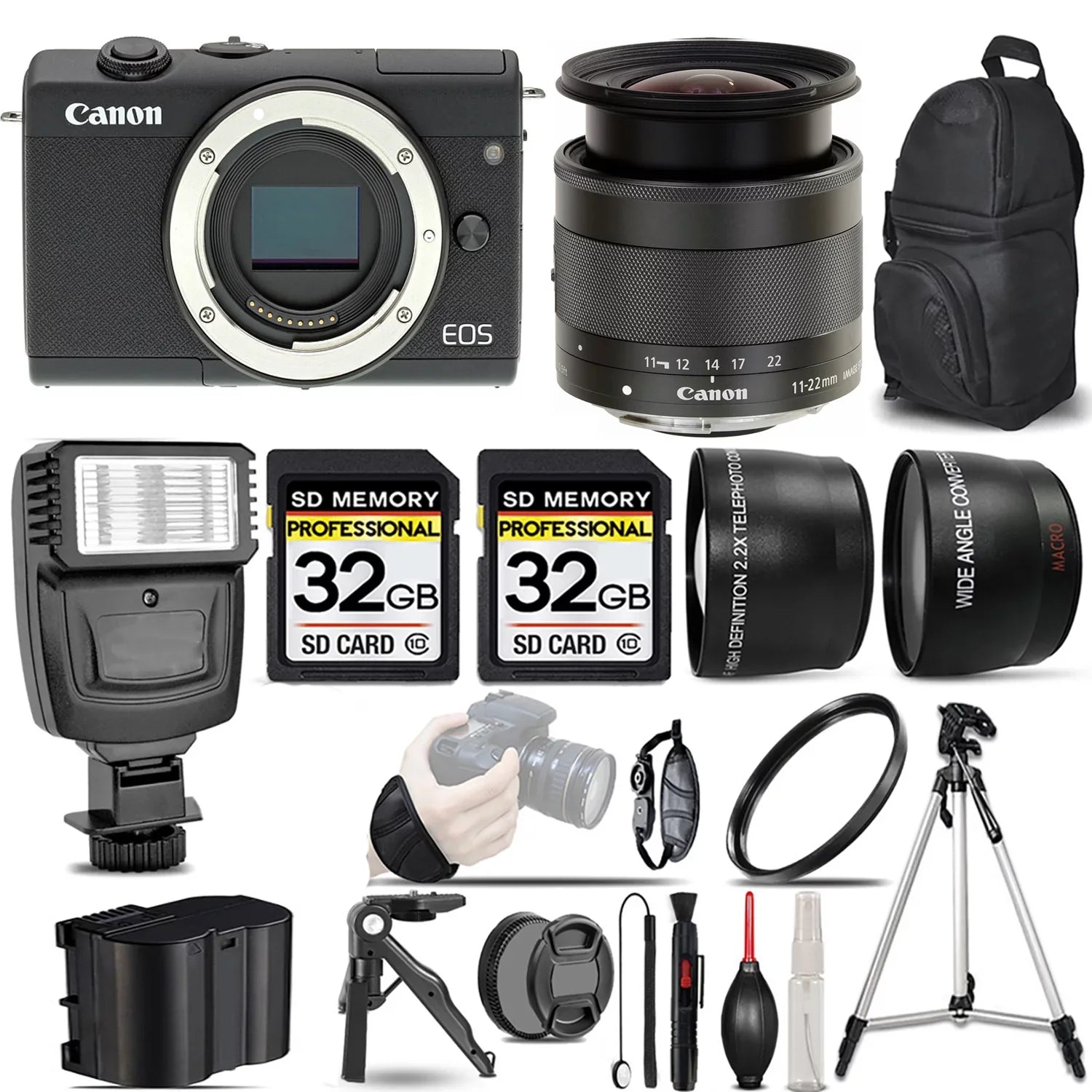 EOS M200 Mirrorless Camera Dark +11-22mm f/4-5.6 IS STM Lens +Flash +64GB- Kit