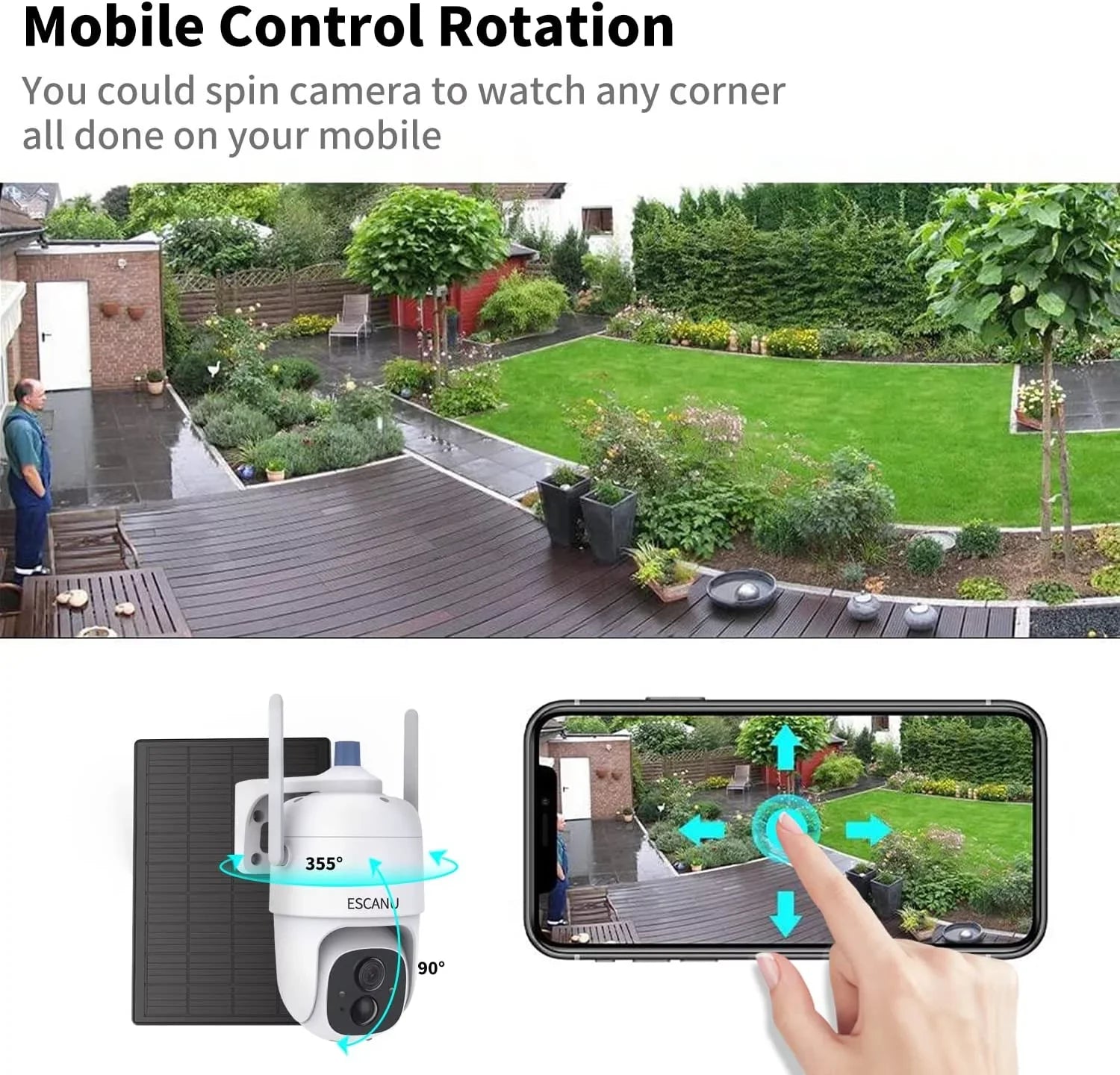 PTZ Solar WiFi Security Camera with , Color Night Vision, 360 View, Waterproof, Alarm - Rechargeable Battery