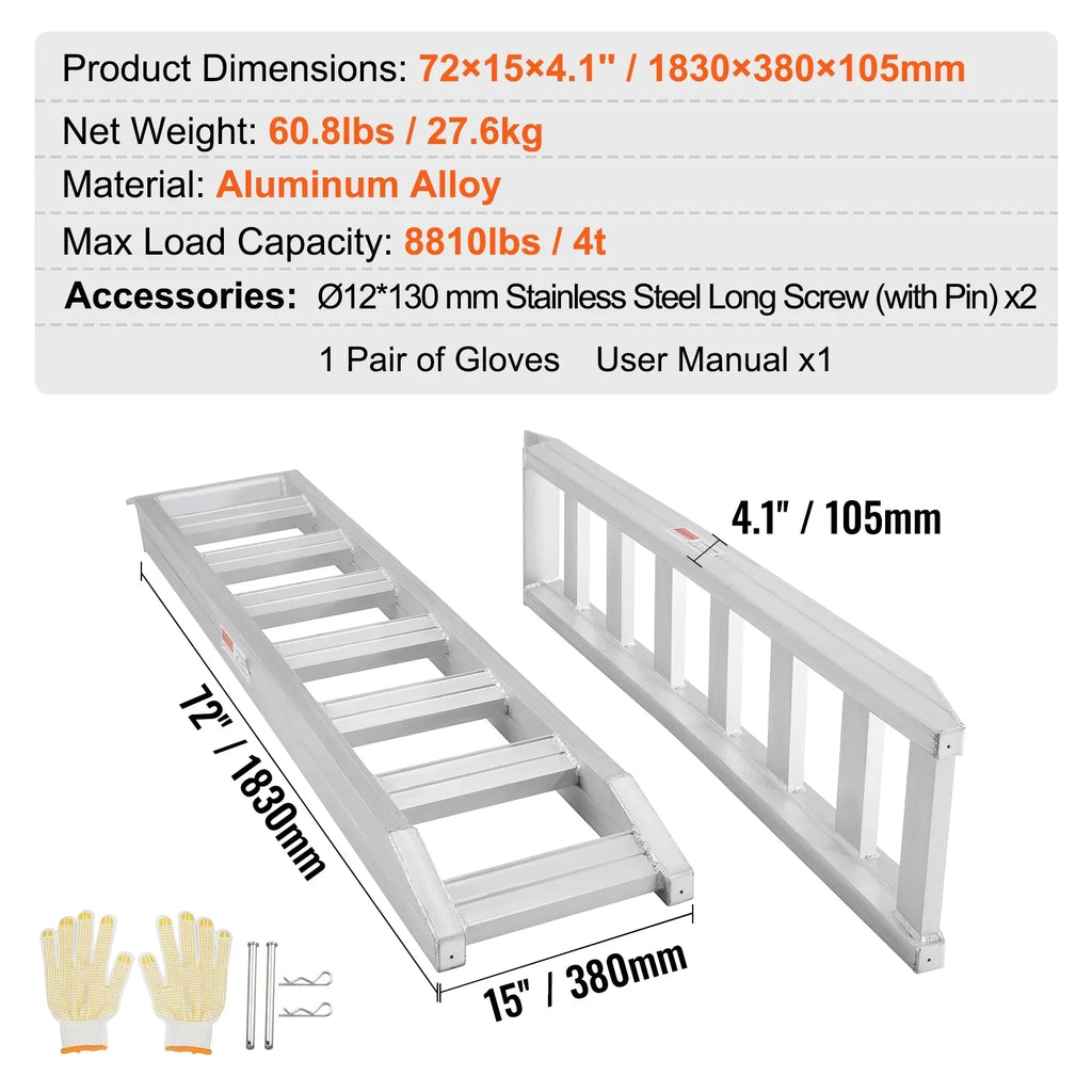 BENTISM Aluminum Truck Loading Ramps 8810 lb/4 Ton 72" x 15" Durable Flat Ends Non-slip Portable Truck Ramps for Tractors ATVs UTVs Motorcycles Vehicle