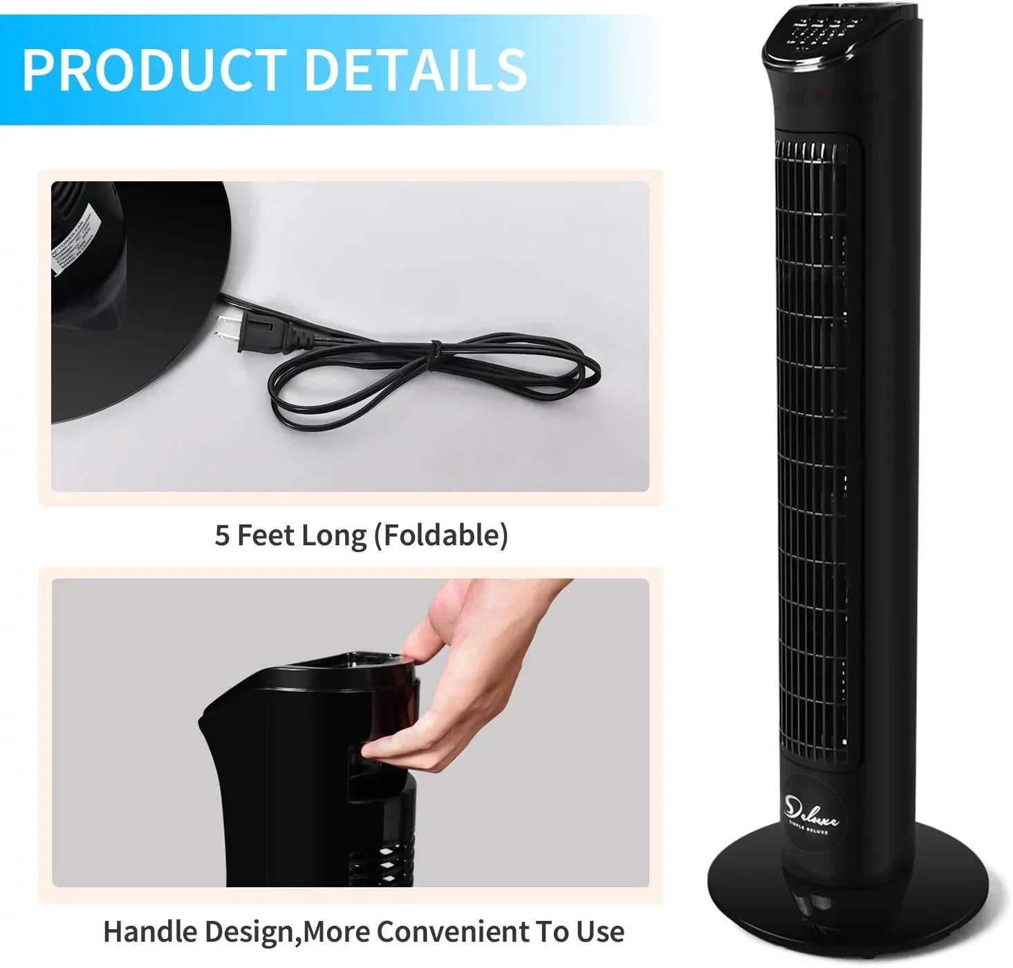 Simple Deluxe 32"Tower Fan with Remote, 90° Oscillating Fan with 4 Speeds, Bladeless Fan, Standing Floor Fans, Ebony