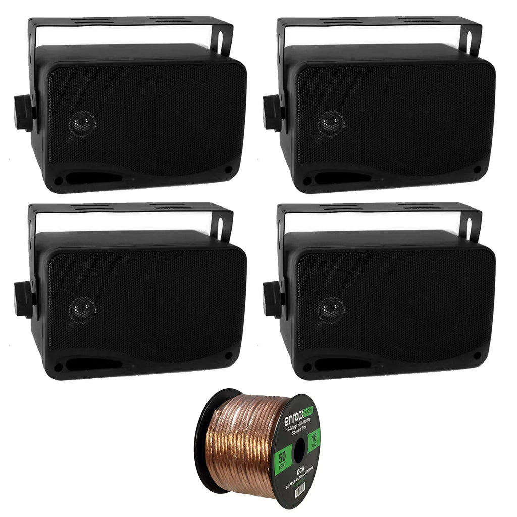 4 x New Pyle PLMR24 3.5'' 200 Watt 3-Way Weather Proof Marine Mini Box Speaker System Jet and Enrock Audio 16-Gauge 50 Foot Speaker Wire