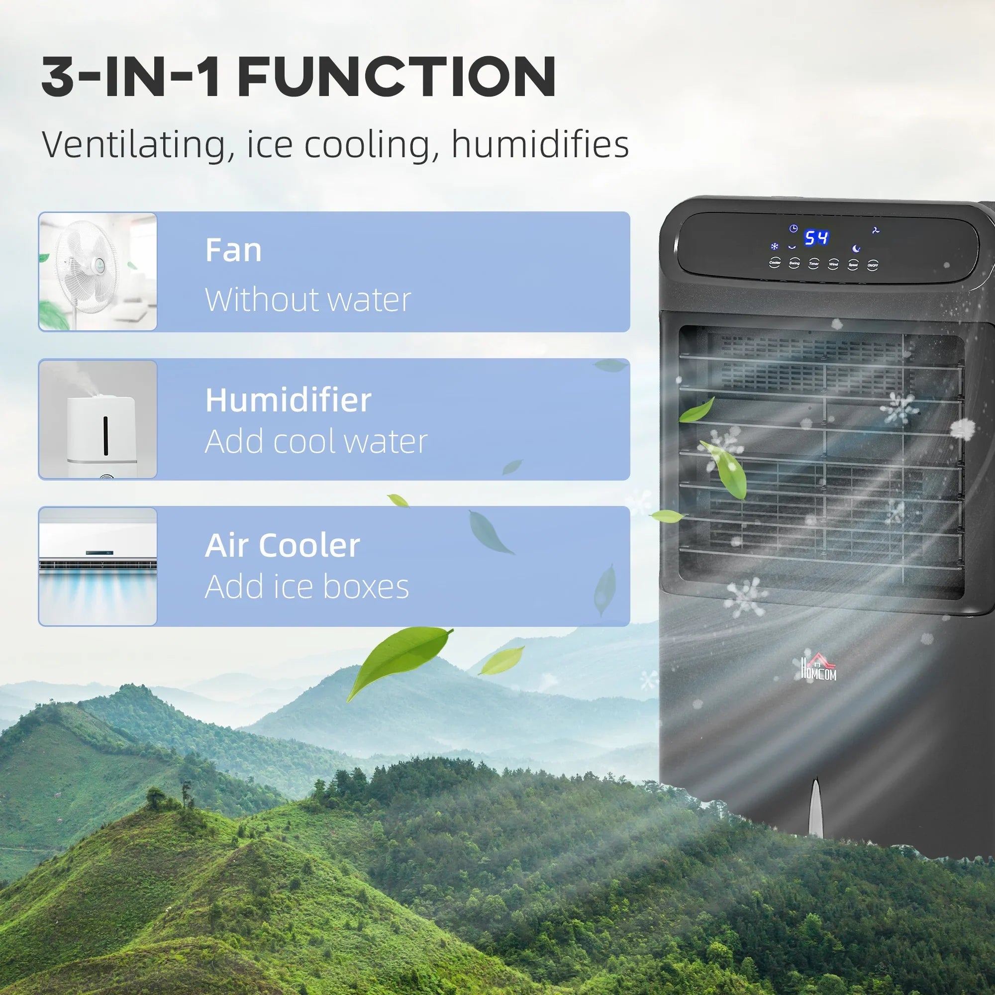 HOMCOM 3-In-1 Mobile Evaporative Air Cooler with Remote Oscillating Ebony