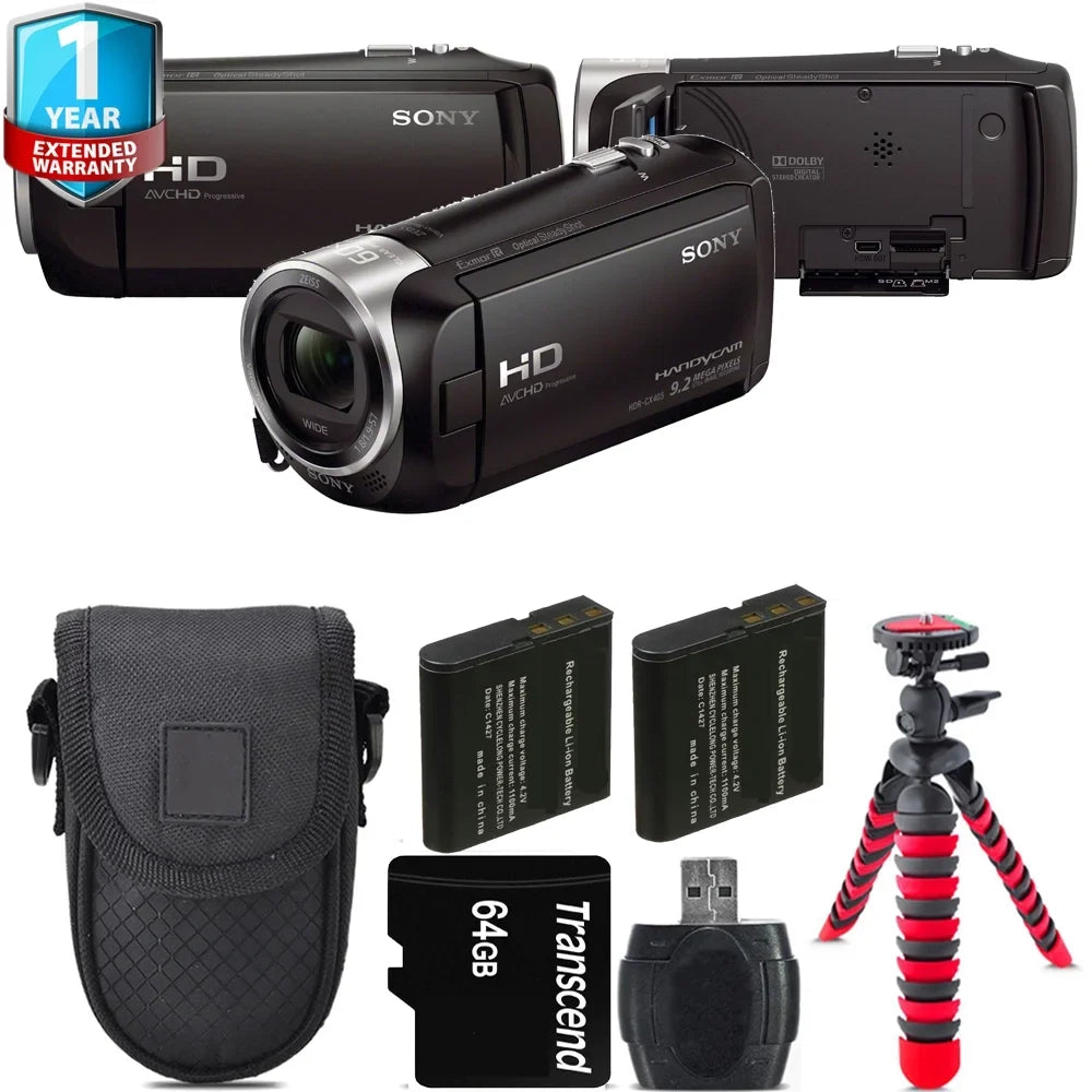 HDR-CX405 HD Handycam + Extra Battery +Tripod + 1 Yr Warranty -64GB Kit
