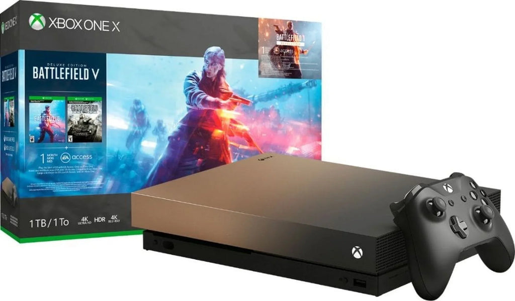 Pre-Owned FMP-00023 Xbox One X 1TB Gold Rush Special Edition Battlefield V Bundle Gray Gold (Refurbished: Good)