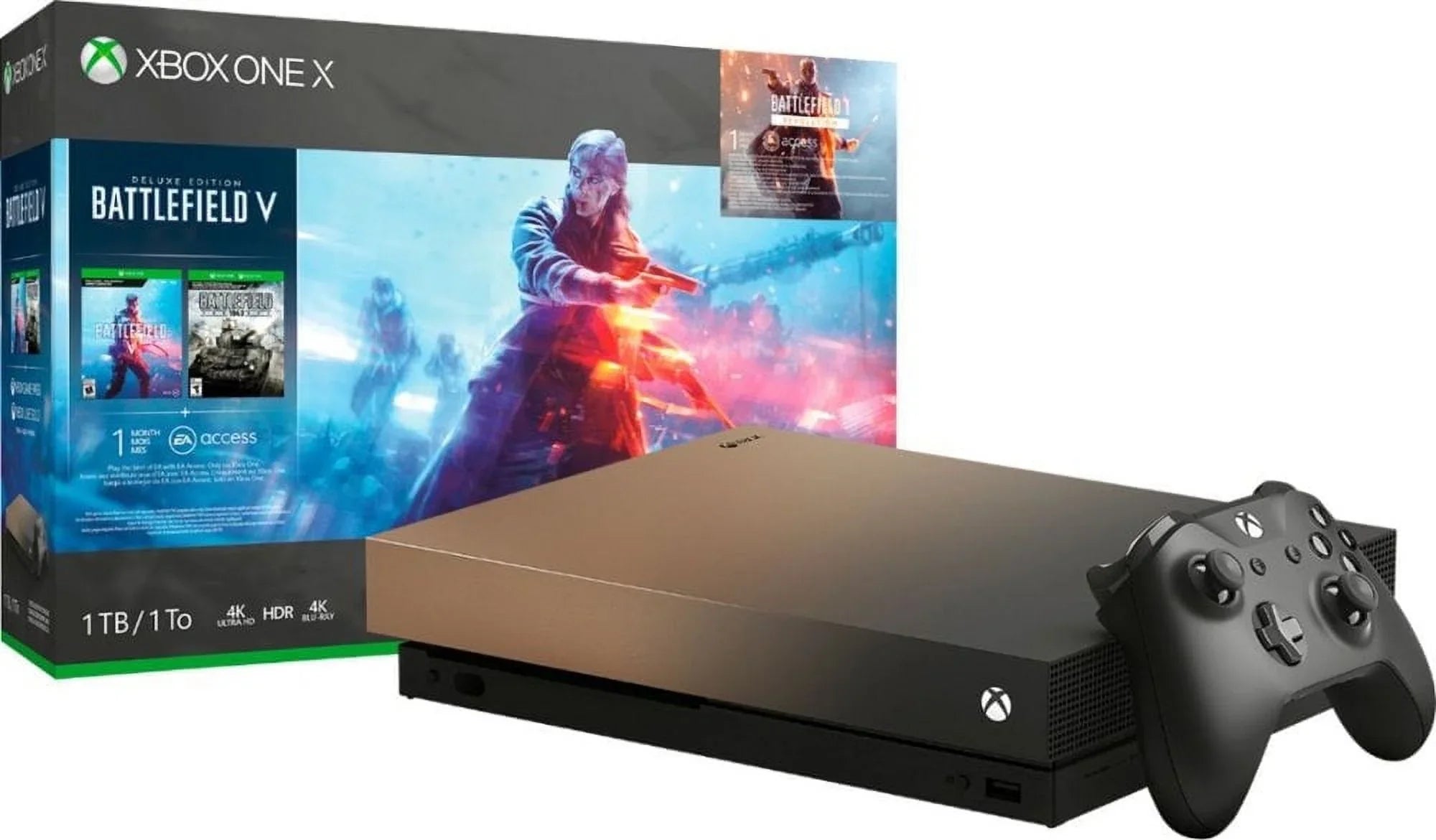Pre-Owned FMP-00023 Xbox One X 1TB Gold Rush Special Edition Battlefield V Bundle Gray Gold (Refurbished: Good)