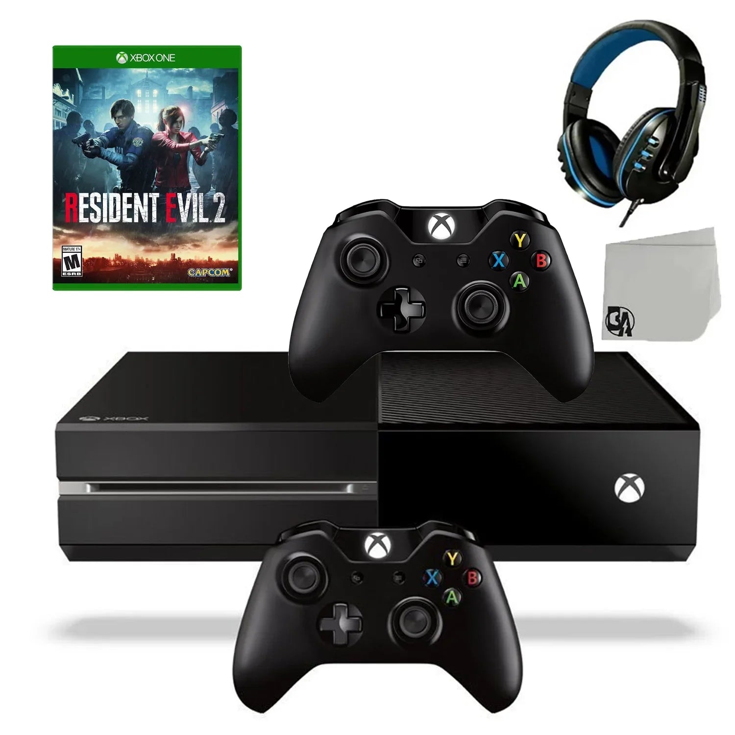 Xbox One Original 500GB Gaming Console Ebony Headset 2 Controller Included WithResident Evil 2 Game BOLT AXTION Bundle Like New