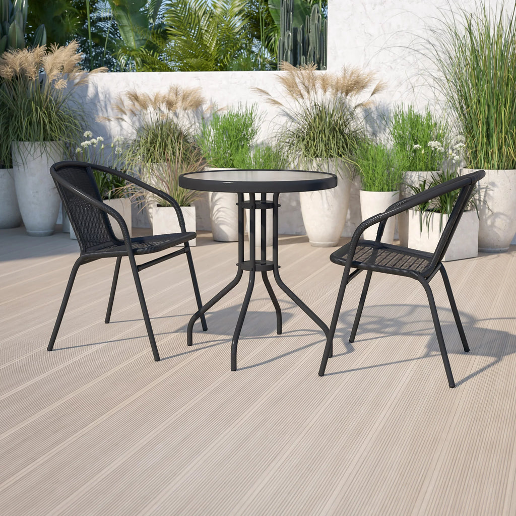 Flash Furniture 23.75" Round Glass Metal Table with 2 Rattan Stack Chairs - 23.75"W x 23.75"D x 28"H - 23.75"W x 23.75"D x 28"H