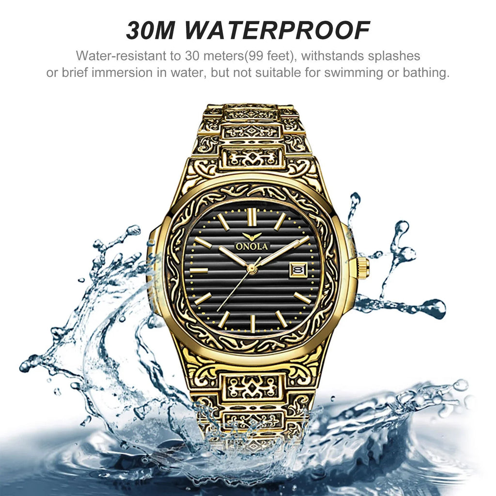 Men's Watch Relojes De Hombre Retro Gold Quartz Stainless Steel Waterproof Wrist