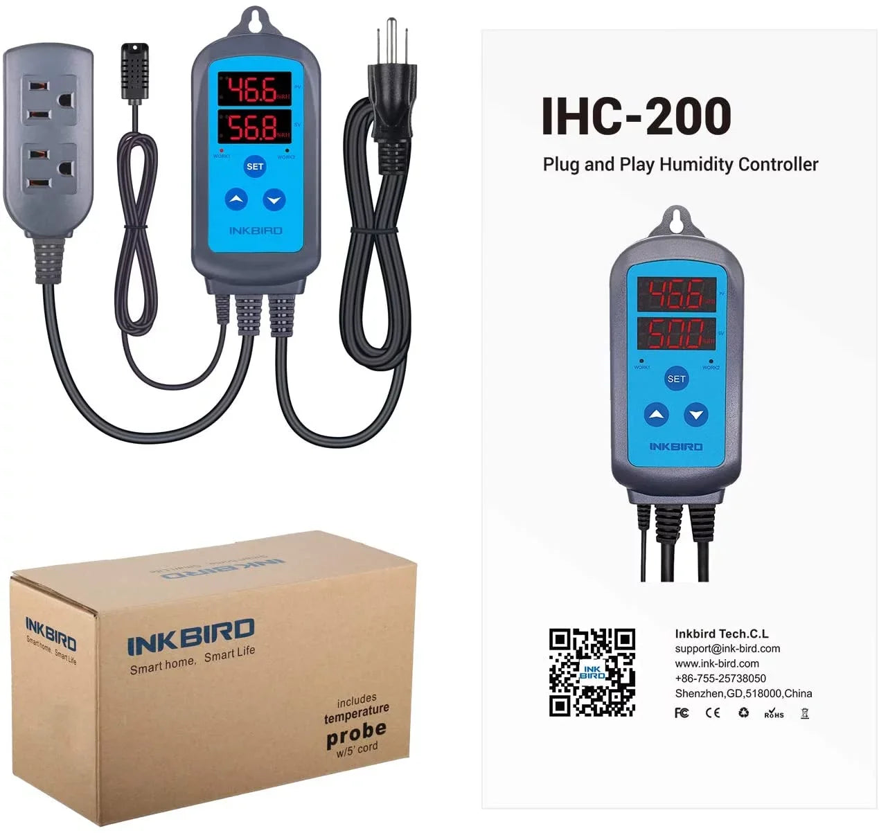 Humidity Controller IHC200 Inkbird Humidistat Mushroom Greenhouse Pre Wired Outlet Dual Stage Humidifier Dehumidifier.