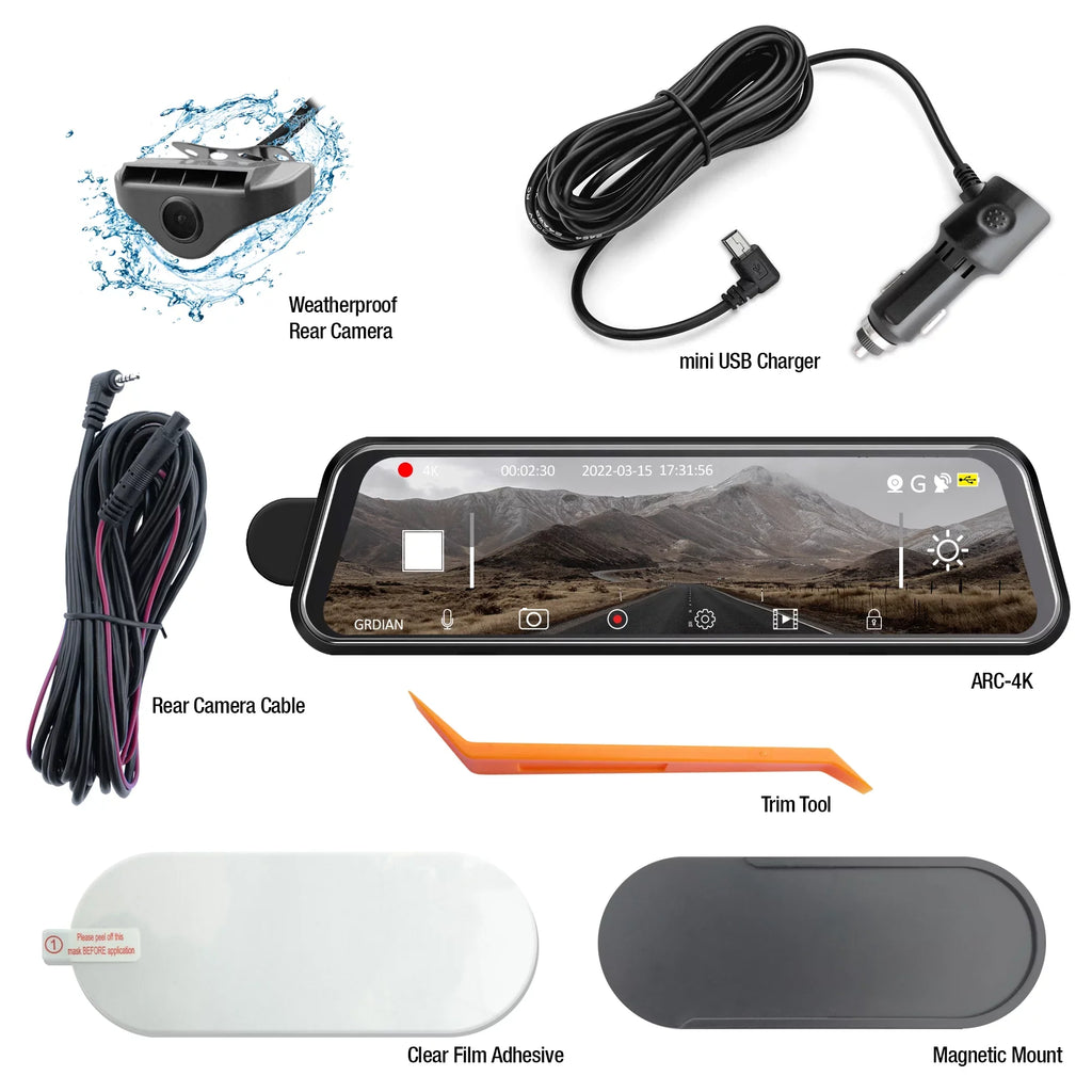 GRDIAN Arc4K 10" Rear-View Mirror Camera, Dual-Channel Front and Rear, Touchscreen, Parking Mode, Seamless Magnetic Mount Design