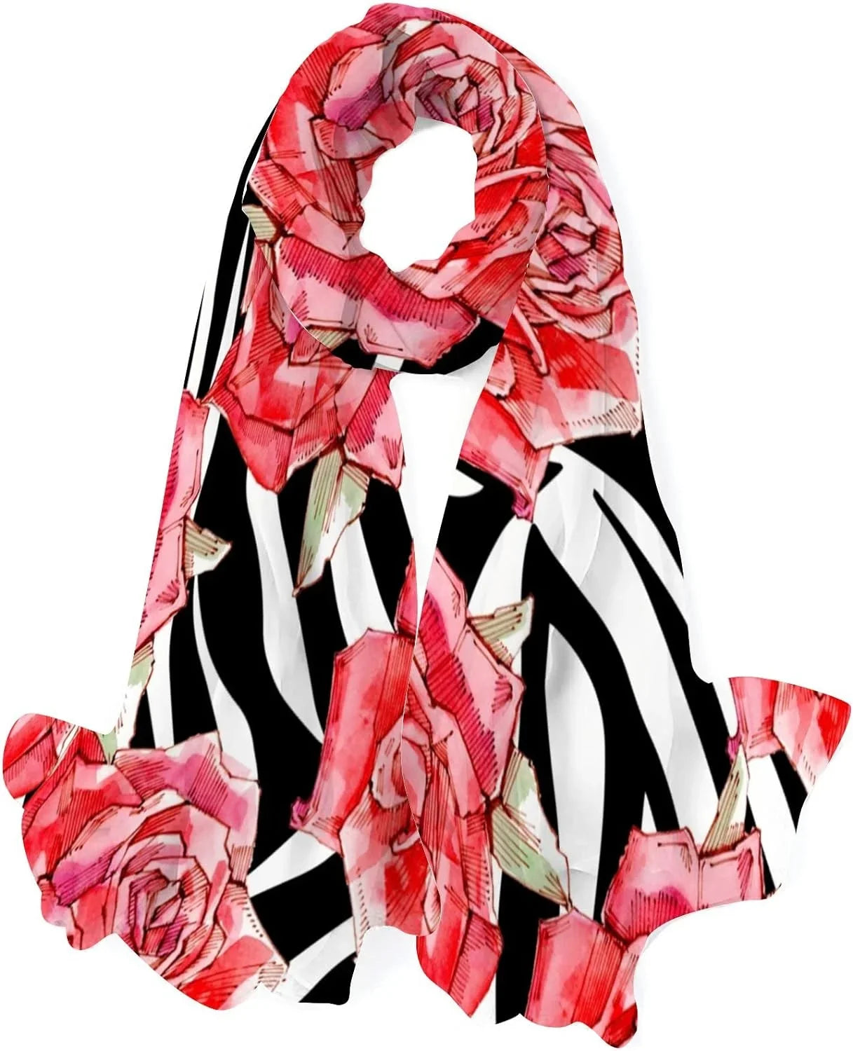 Hyjoy Watercolor Red Roses Long Silk Neck Scarf Mass Shawl Wrap Scarves for Women Girls