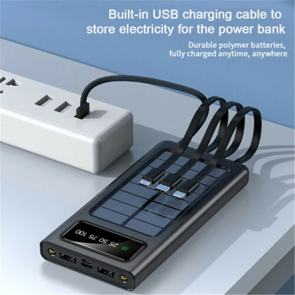 Solar-Charger-Power-Bank - Portable Charger,20000mAh 4 Qi Charger Solar Panel Built-in 3 Kinds Output Cable and Dual LED Flashlights