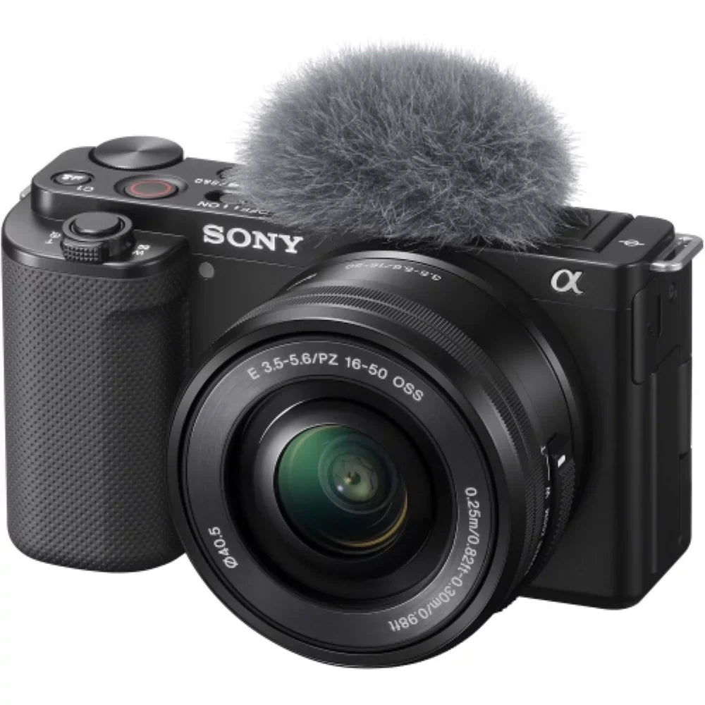 ZV-E10 Mirrorless Camera |16-50mm Lens Dark Bundle with Transcend 64GB Memory Card + Flexible Tripod + Camera Bag + Cleaning Kit (5 Items)
