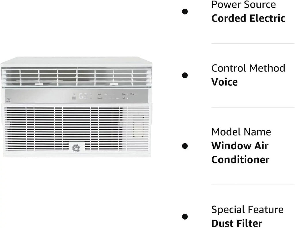 GE AHY08LZ Smart Window Air Conditioner with 8000 BTU Cooling Capacity Wifi Connect 3 Fan Speeds 115 Volts 11.4 CEER and Fixed Chassis in White