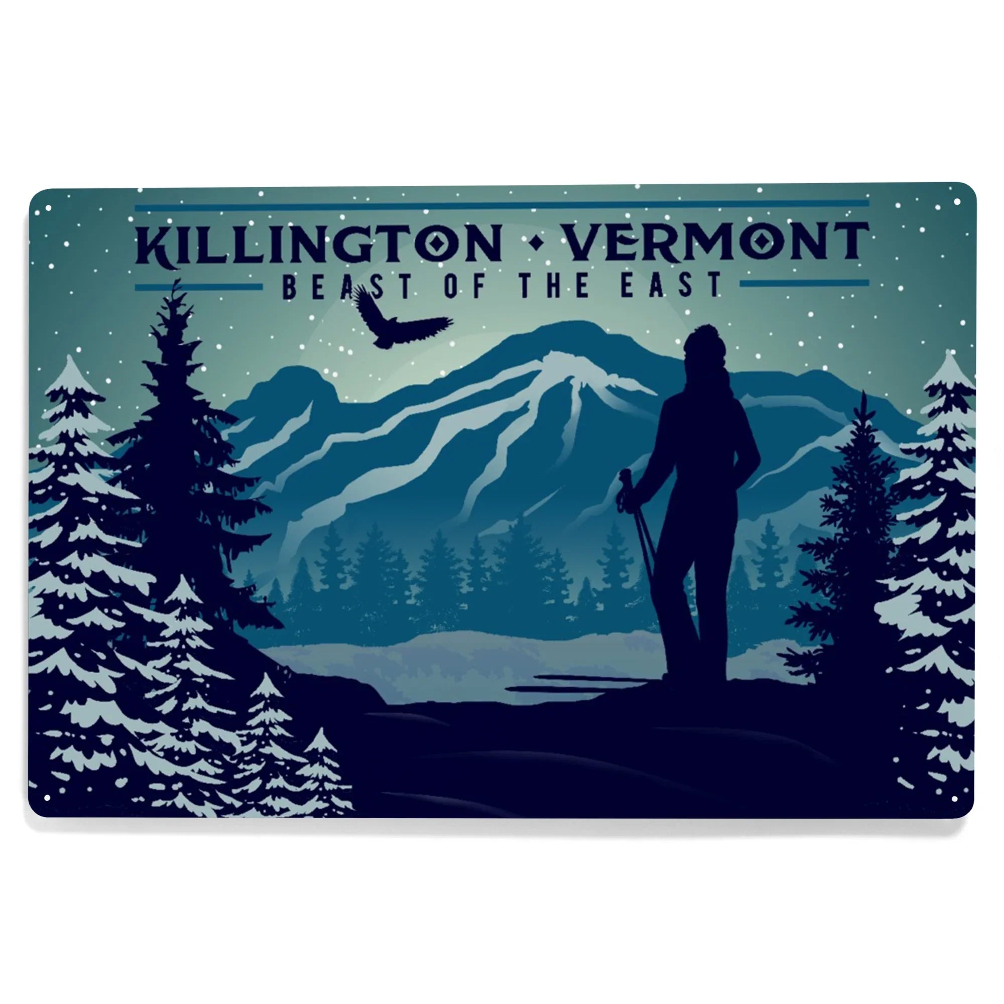 Killington, Vermont, Beast of the East, Skier and Mountain (12x18 Aluminum Art, Indoor Outdoor Metal Sign Decor)