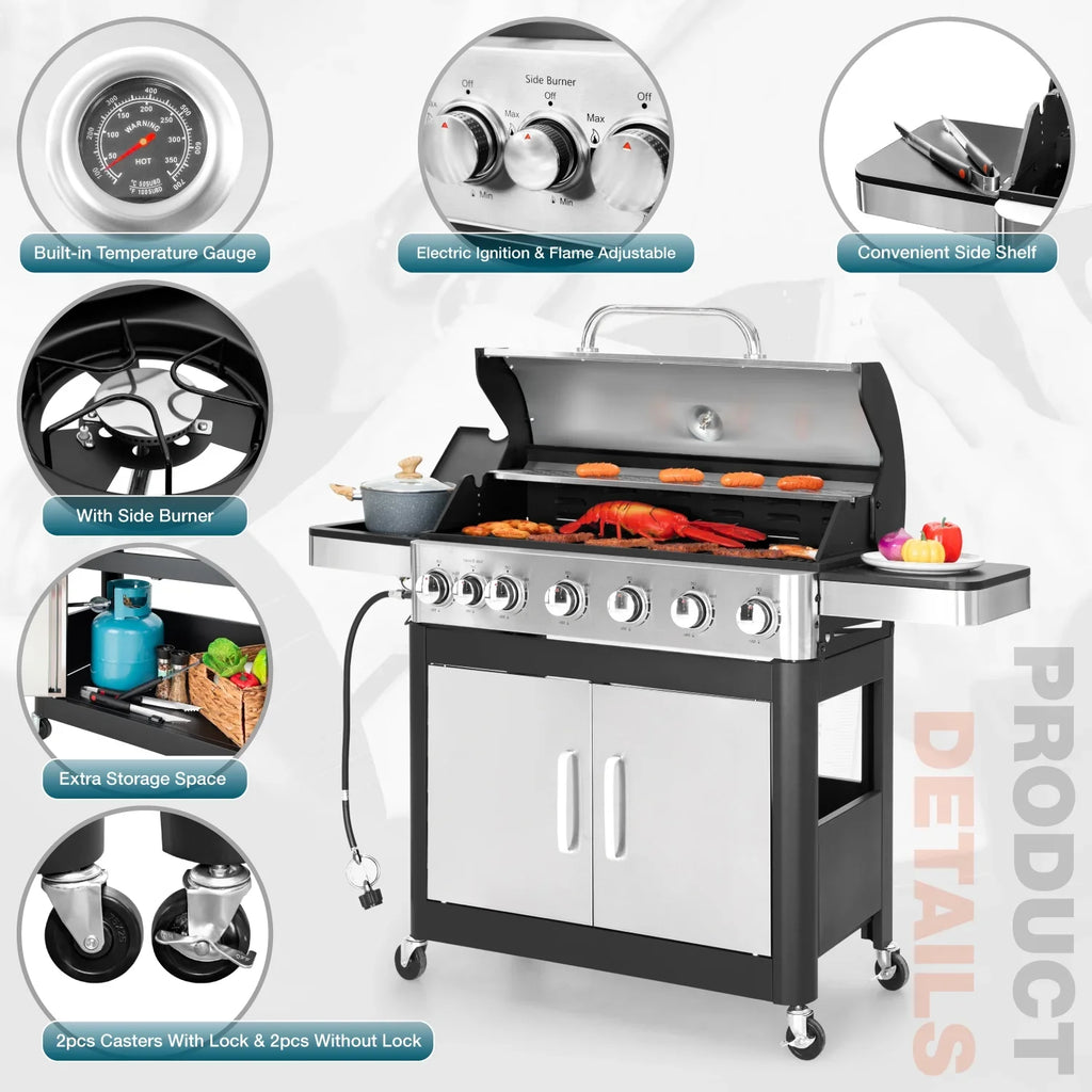 Summit Living 6 Burner Propane Gas Grill with Side Burner Stainless Steel BBQ Grill