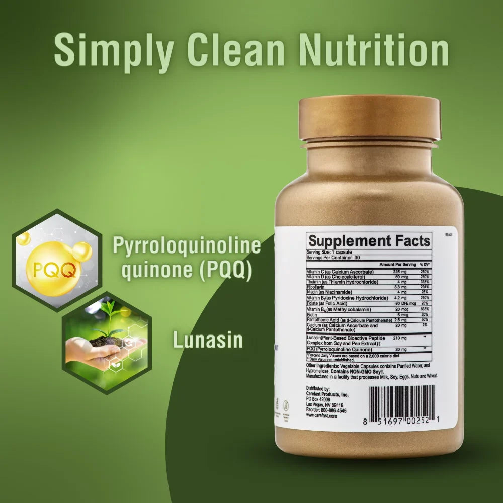 Carefast PQQ Lunasin Vitality 20mg Pyroloquinoline Quinone, 10mg Bioactive LunaCell Supplement - Mitochondrial Biogenesis, Cellular Health & Stress Formula, Non-GMO - 30 Dietary Capsules