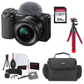 ZV-E10 Mirrorless Camera |16-50mm Lens Dark Bundle with Transcend 64GB Memory Card + Flexible Tripod + Camera Bag + Cleaning Kit (5 Items)