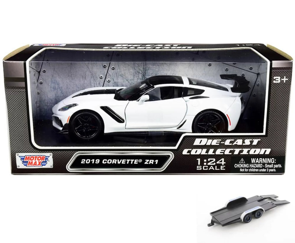 Diecast Car w/Trailer - 2019 Chevy Corvette ZR1, White - Motor Max 79356WH - 1/24 scale Diecast Model Toy Car