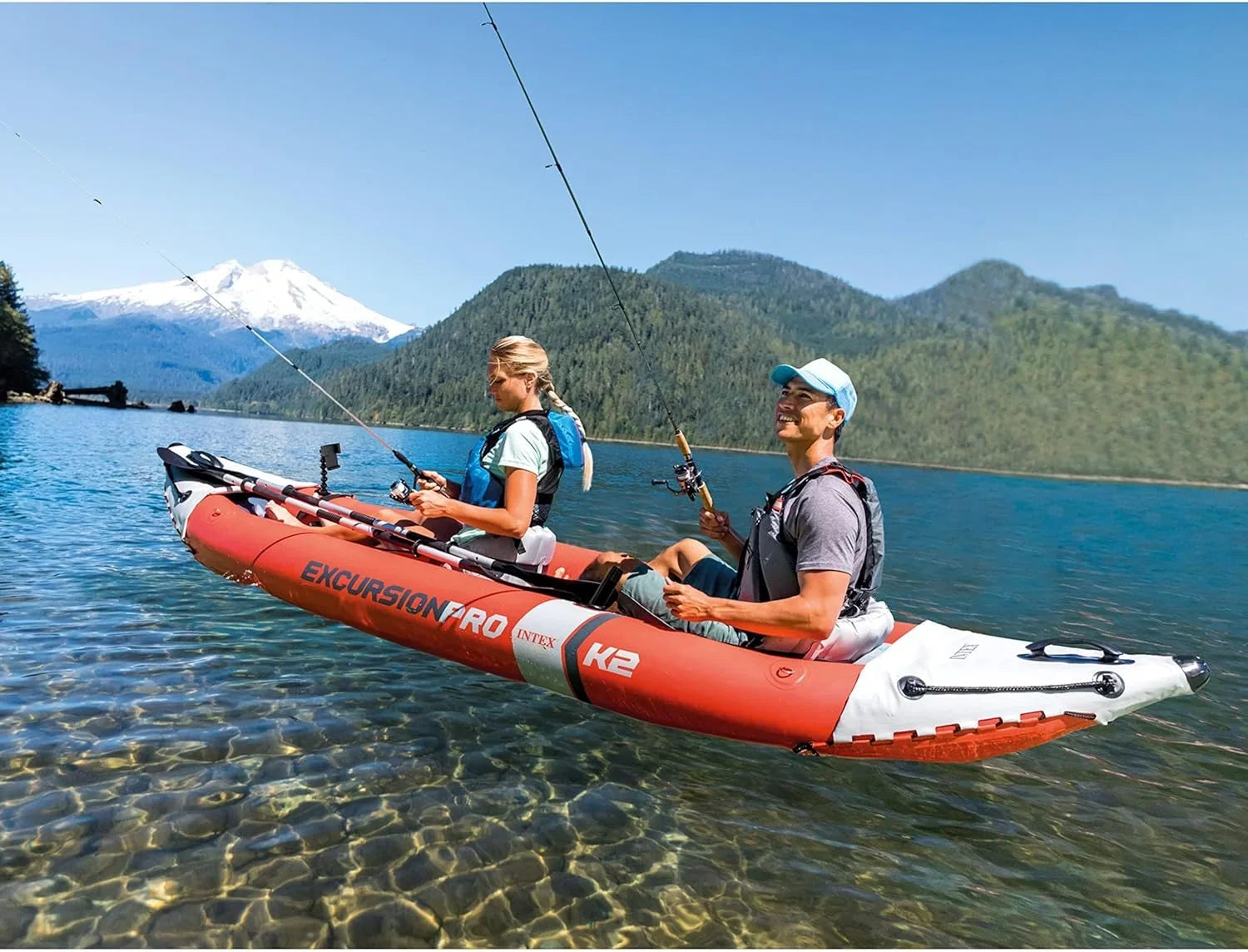 INTEX Excursion Pro Inflatable Kayak Series: Includes Deluxe 86in Kayak Paddles and High-Output Pump – SuperTough Polyvinyl Chloride – Adjustable Bucket Seat – Fishing Rod Holders – Grab Handles