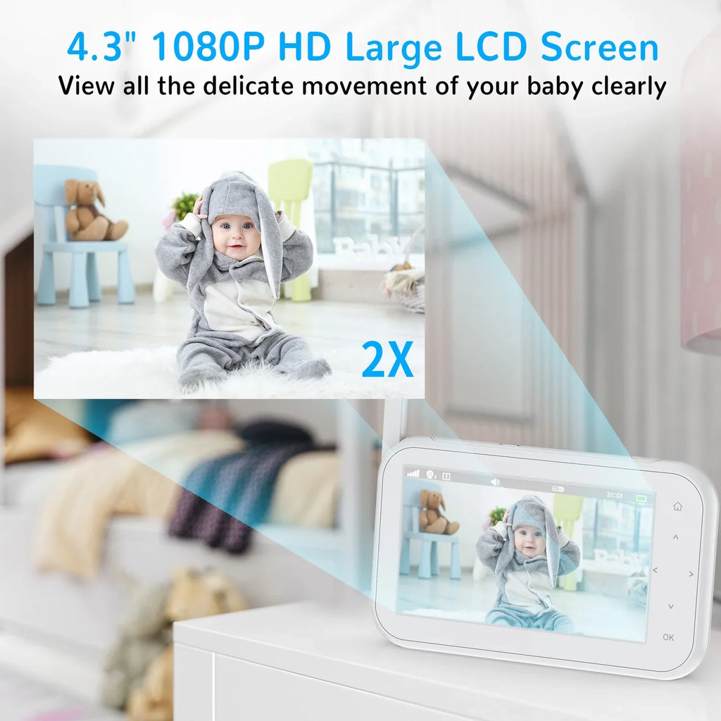 Febfoxs Baby Monitor 1080P with Camera & Audio, 4.3" LCD Screen Pan&Tilt&Zoom, Two-Way Talk, Auto Night Vision,Tem-Sensor, No Wifi