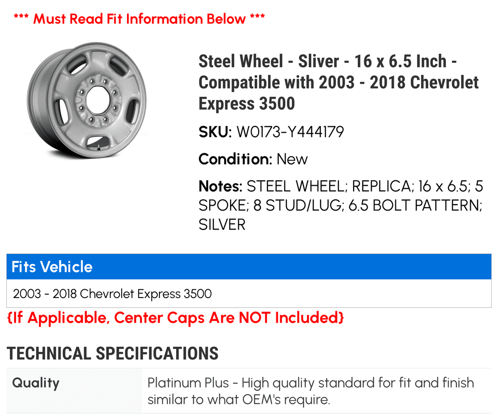 Steel Wheel - Sliver - 16 x 6.5 Inch - Compatible with 2003 - 2018 Chevy Express 3500 2004 2005 2006 2007 2008 2009 2010 2011 2012 2013 2014 2015 2016 2017