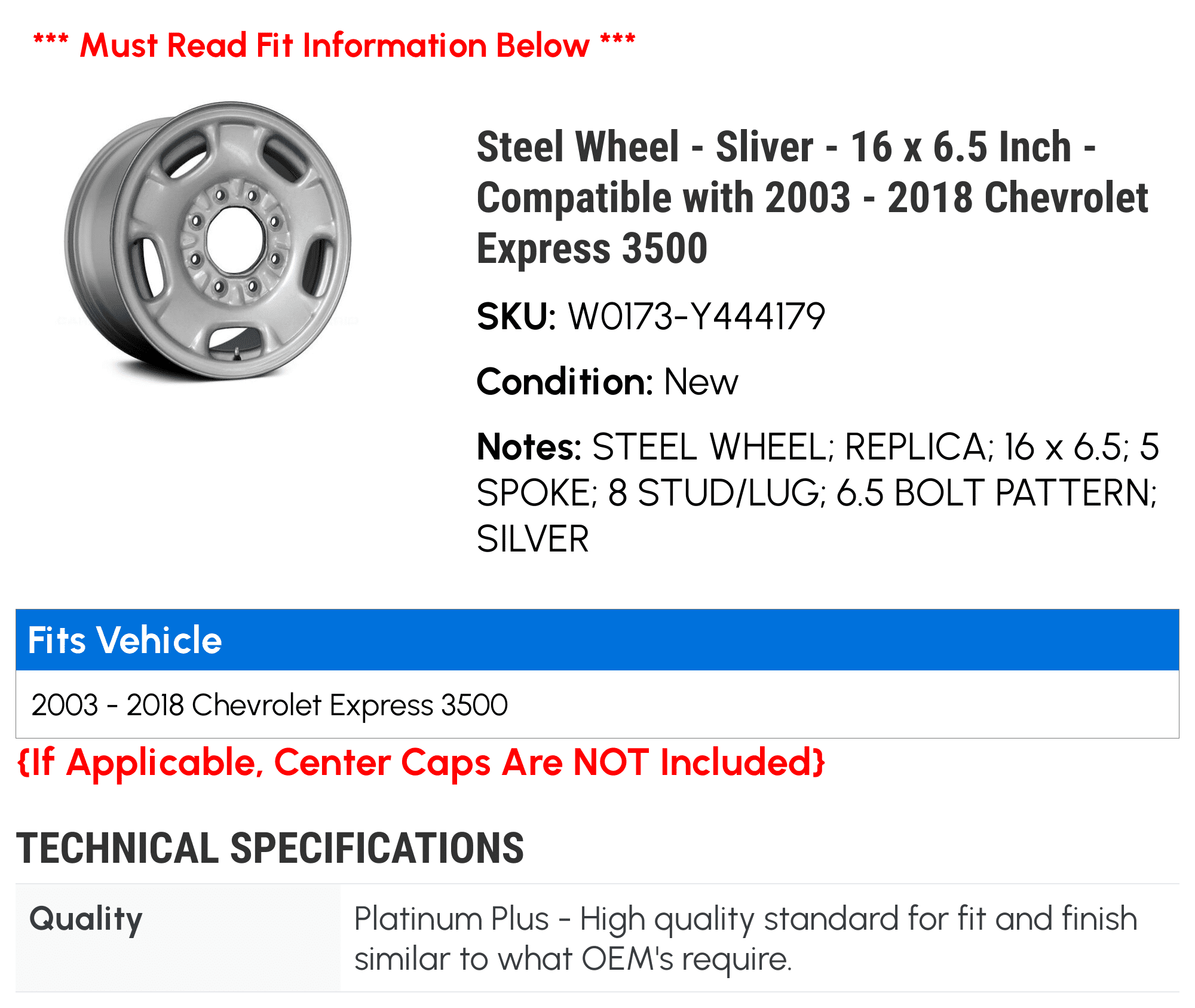Steel Wheel - Sliver - 16 x 6.5 Inch - Compatible with 2003 - 2018 Chevy Express 3500 2004 2005 2006 2007 2008 2009 2010 2011 2012 2013 2014 2015 2016 2017