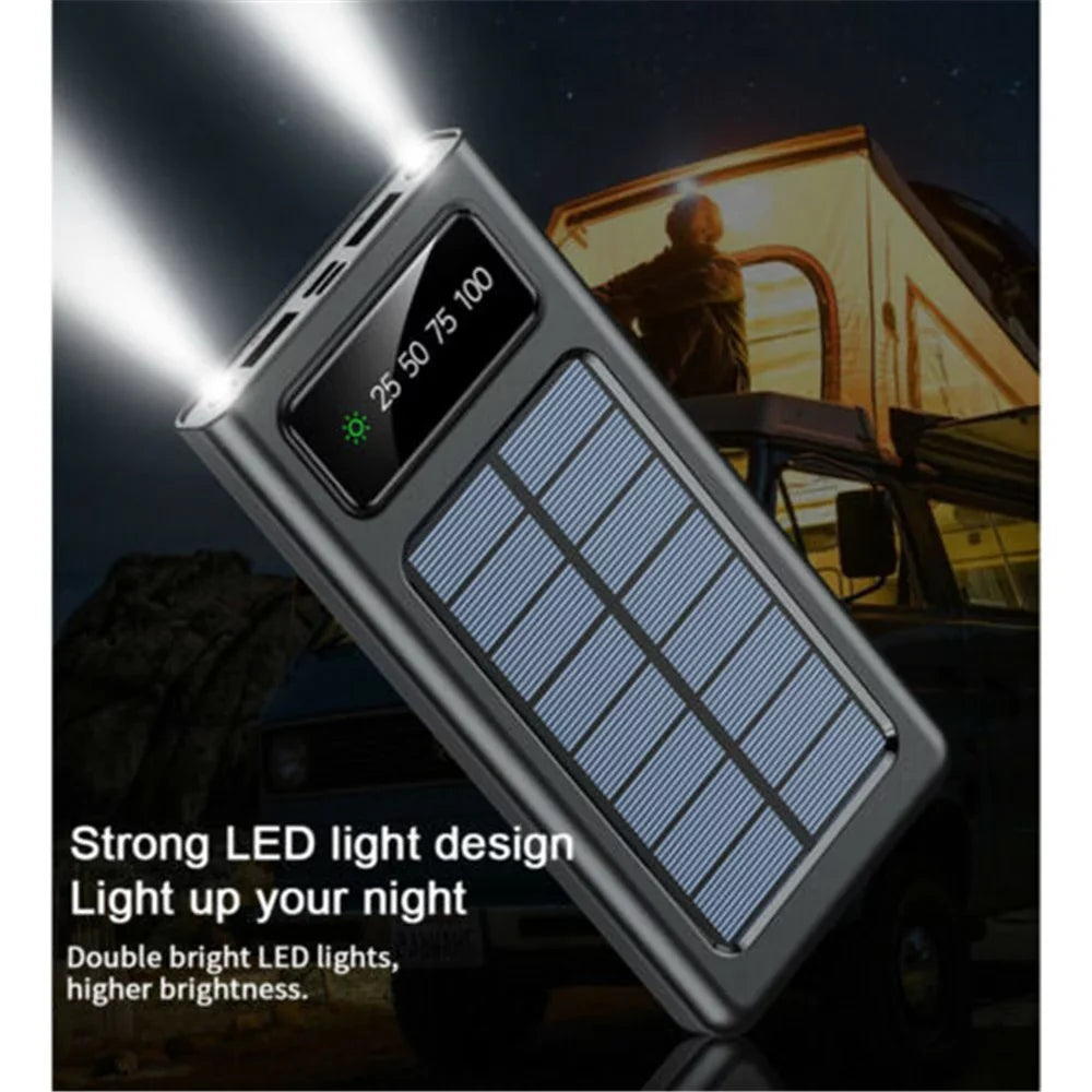 Solar-Charger-Power-Bank - Portable Charger,20000mAh 4 Qi Charger Solar Panel Built-in 3 Kinds Output Cable and Dual LED Flashlights