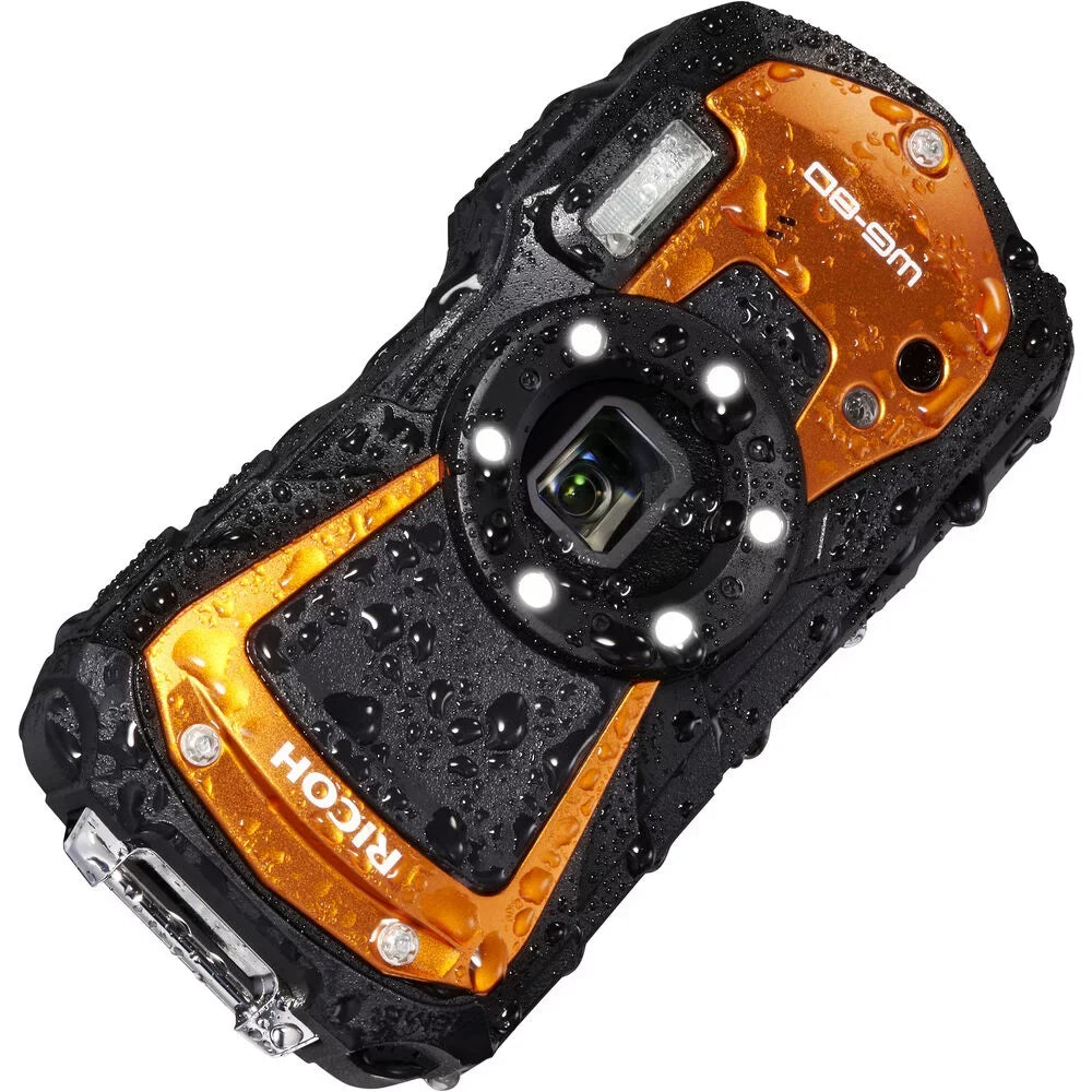 Ricoh WG-80 Waterproof Digital Camera (Orange) with 64GB Extreme Pro SD Card + Small Case + Selfie Stick + Memory Card Wallet + Memory Card Reader + 6Ave Cleaning Kit