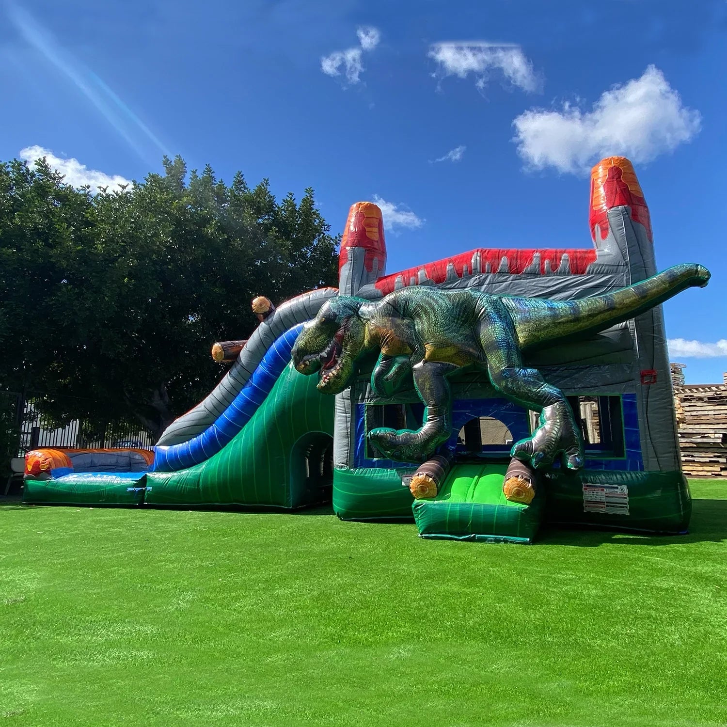 XJUMP T-Rex Dinosaur Inflatable Water Slide Bounce House Combo with Splash Pool for Kids and Adults (with Air Blower), Commercial Grade