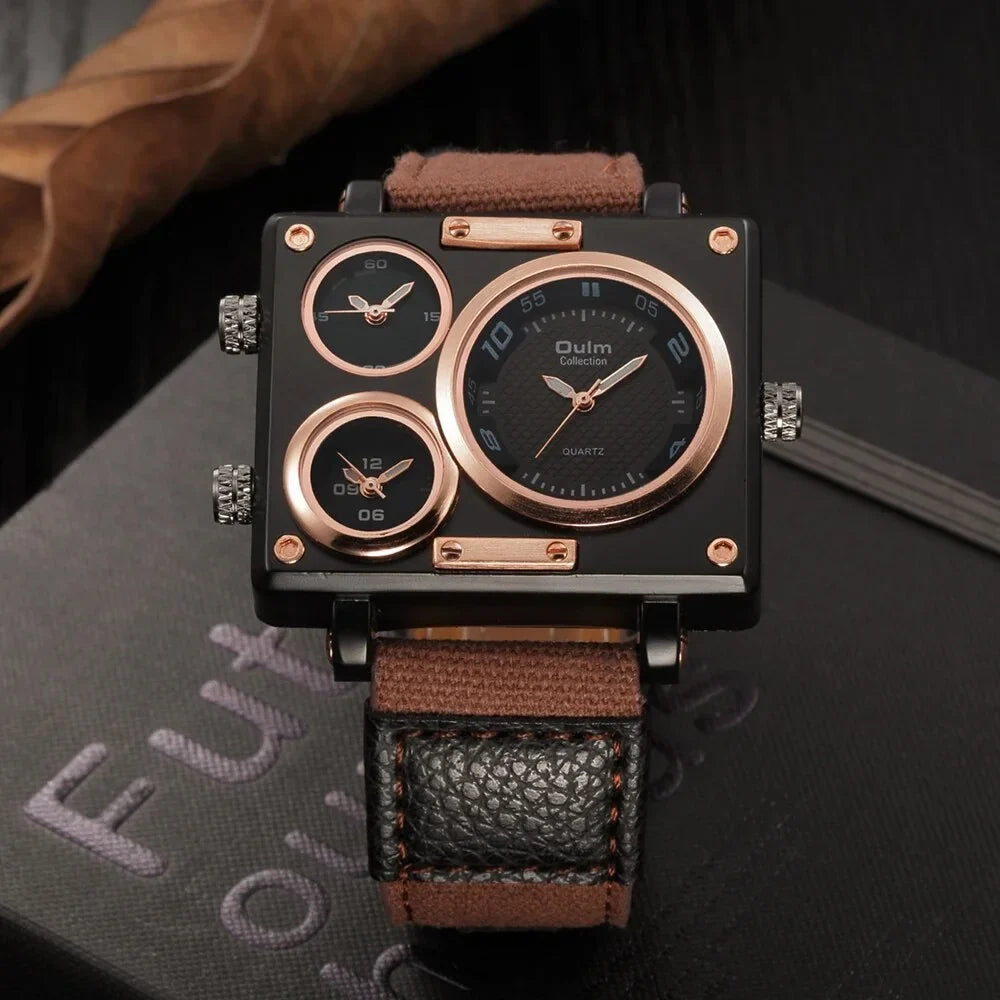 Brand New Style Men's Watches Luxury Unique Designer Watches Men Fashion Square Big Face 3 Time Zone Casual Quartz Watch Blue