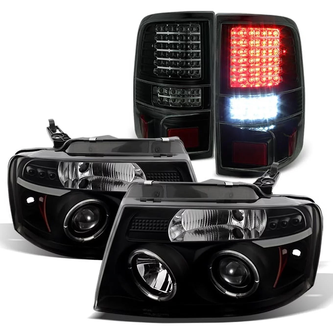 For 04-08 F150 Ebony Smoke Halo Projector LED Headlights + Full LED Taillights Fits select: 2004-2008 FORD F150