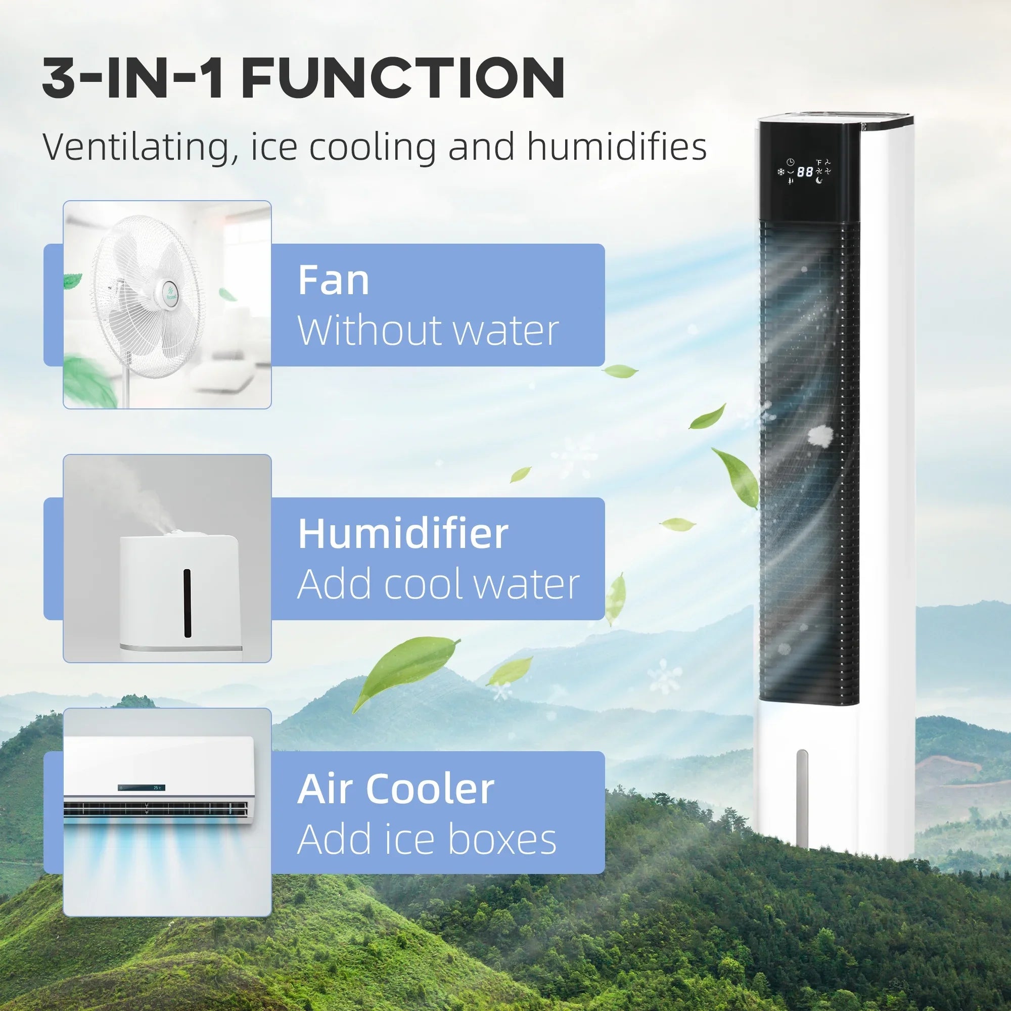 HOMCOM 42" Portable Evaporative Air Cooler, 3-In-1 Ice Cooling Fan Humidifier with Remote, Timer, Oscillating, LED Display, and 1.6 Gal Water Tank, White