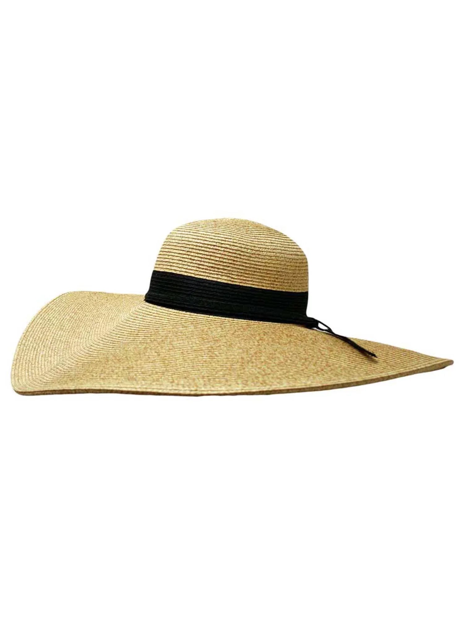 Natural Wide Brim Floppy Hat With Dark Ribbon Hat Band