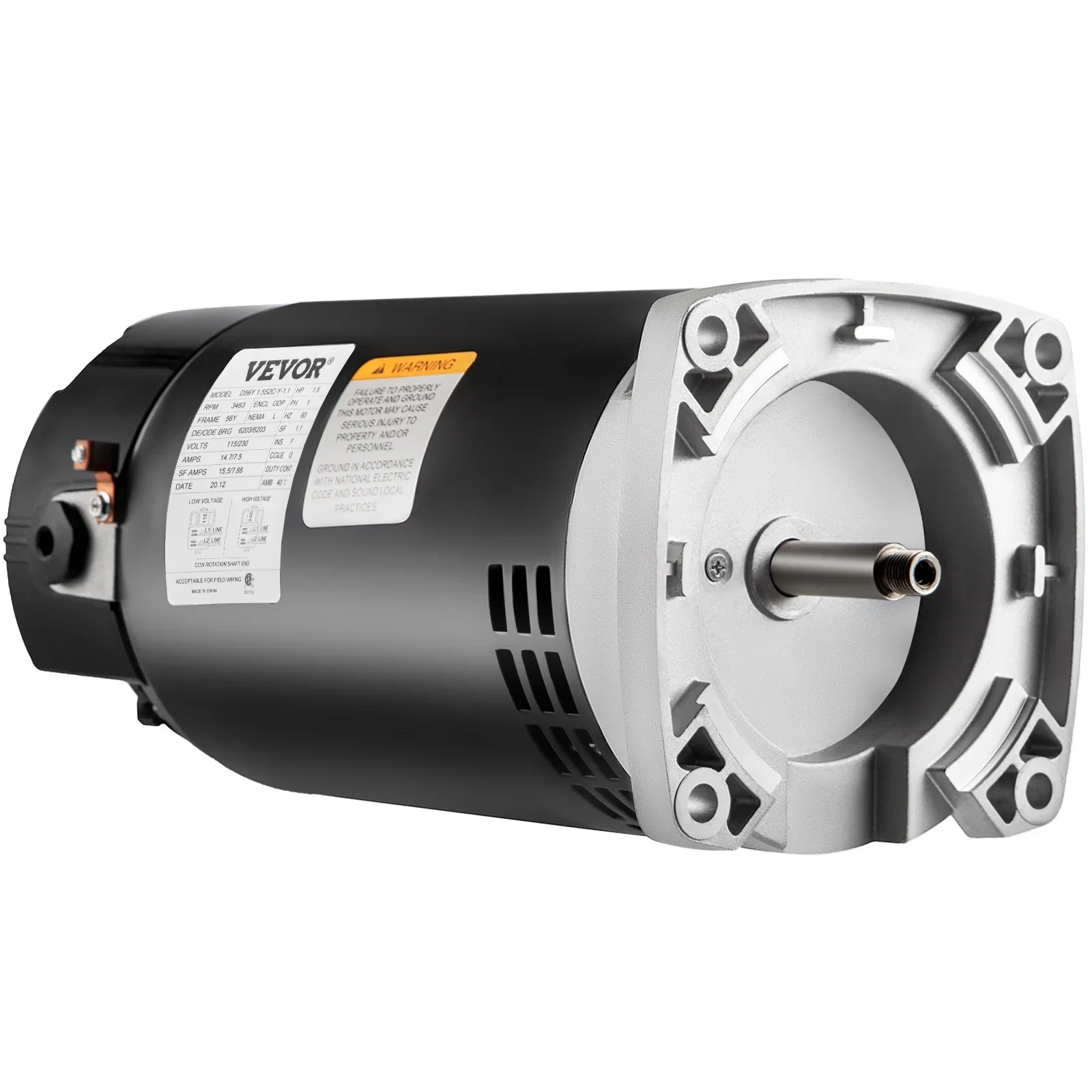 VEVOR 1.5 , 3463 rpm, 1 speed, 230/115 volts, 7.88/15.5 amps, 1.1 Service Factor, 56Y Frame, PSC, ODP Enclosure, Square Flange Pool Motor, Swimming Pool Pump Motor, Replacement Pool Motor Kit