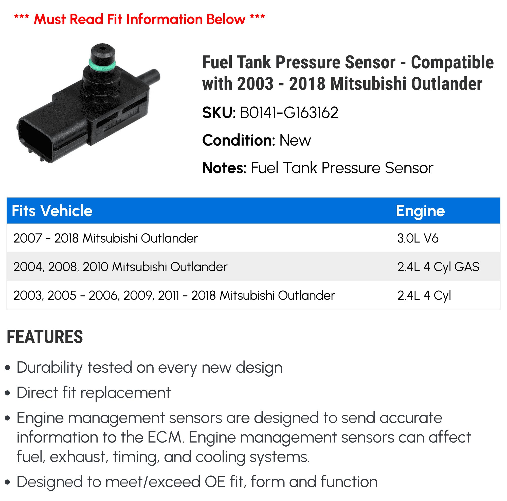 Fuel Tank Pressure Sensor - Compatible with 2003 - 2018 Mitsubishi Outlander 2004 2005 2006 2007 2008 2009 2010 2011 2012 2013 2014 2015 2016 2017