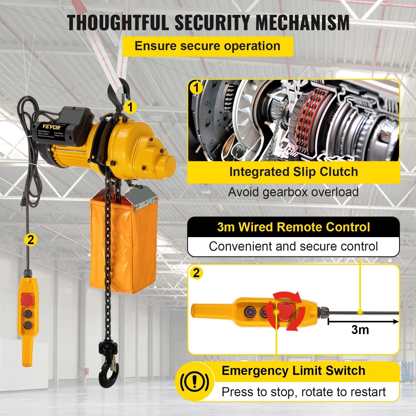 VEVOR Lift Electric Hoist, 1100 lbs Electric Winch w/ 10ft Wired Remote Control, 110V Overhead Crane Garage Ceiling Pulley Winch of 14.8ft Lift Height, Used In Factories, Warehouses, Construction