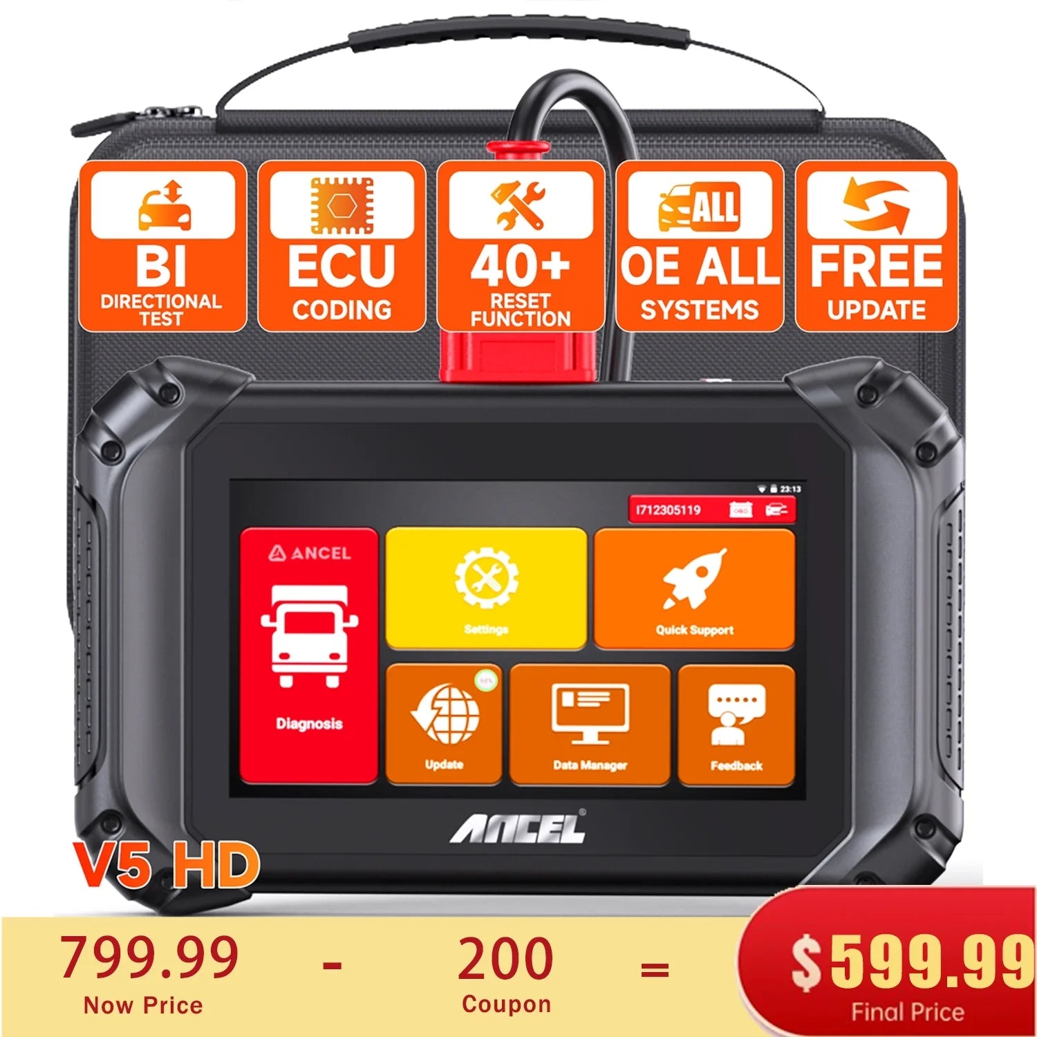 ANCEL V5 HD Diesel Truck Bi-directional Diagnostic Scan Tool Heavy Duty Truck All System Scanner 40+ Maintenance Reset DPF Regen ECU Coding OBD2 2 IN 1 Code Reader for 24V Truck 12V Cars Scan Tablet