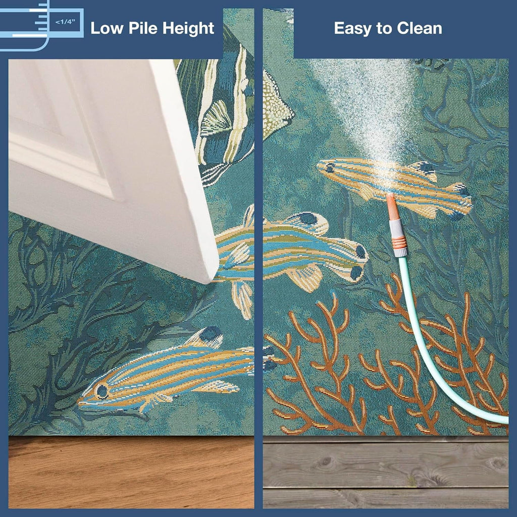 Marina Indoor/Outdoor Power Loomed Synthetic Blend Low Profile Area Rug - Transitional Graphic Coastal Animal Colorful (Fish Aqua) (6'6" X 9'4")