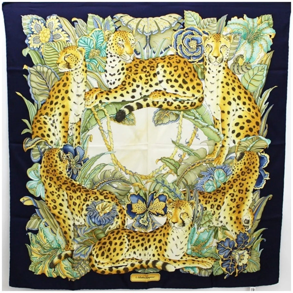 Pre-Owned Salvatore Ferragamo silk scarf leopard print plant pattern navy x ivory ladies (Good)