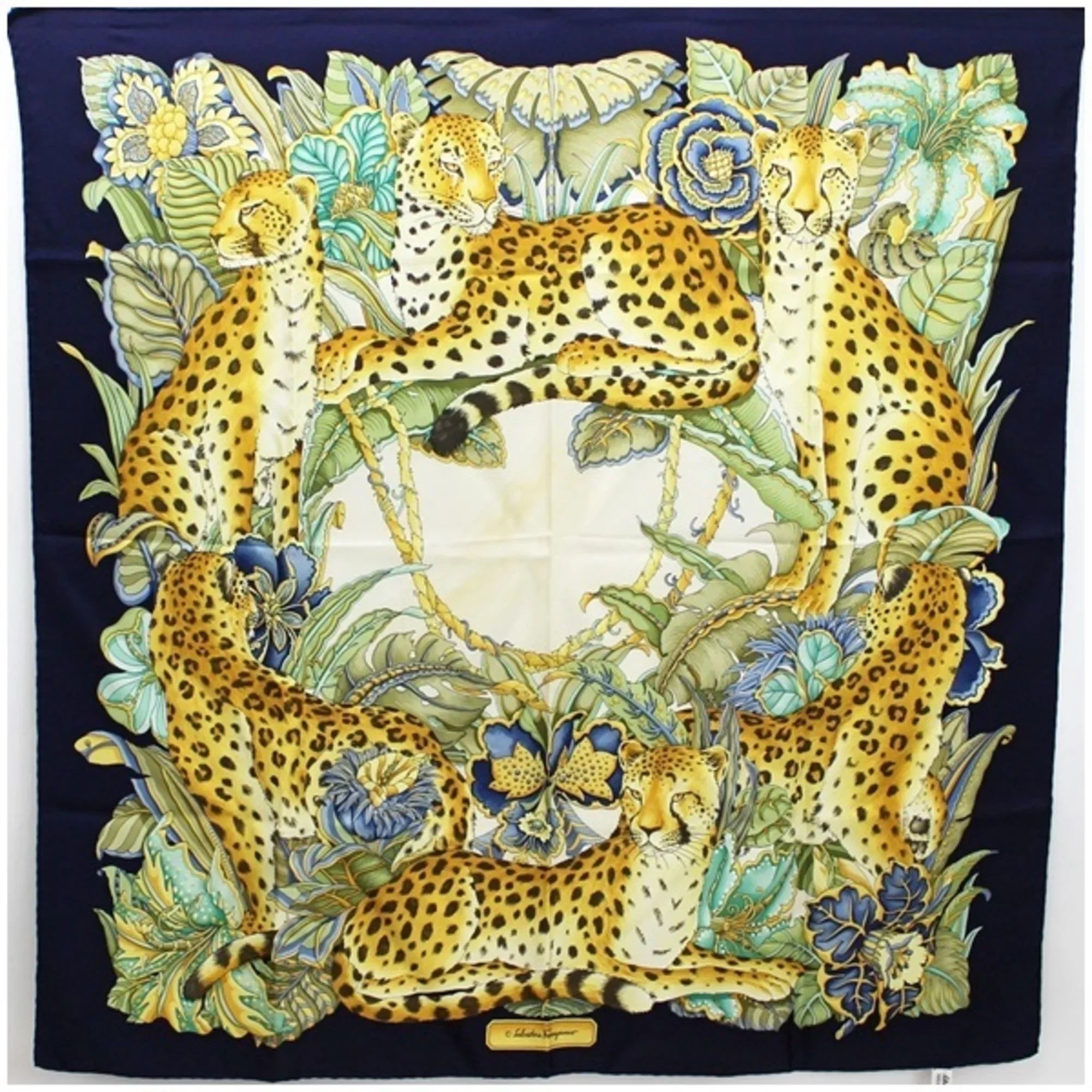 Pre-Owned Salvatore Ferragamo silk scarf leopard print plant pattern navy x ivory ladies (Good)