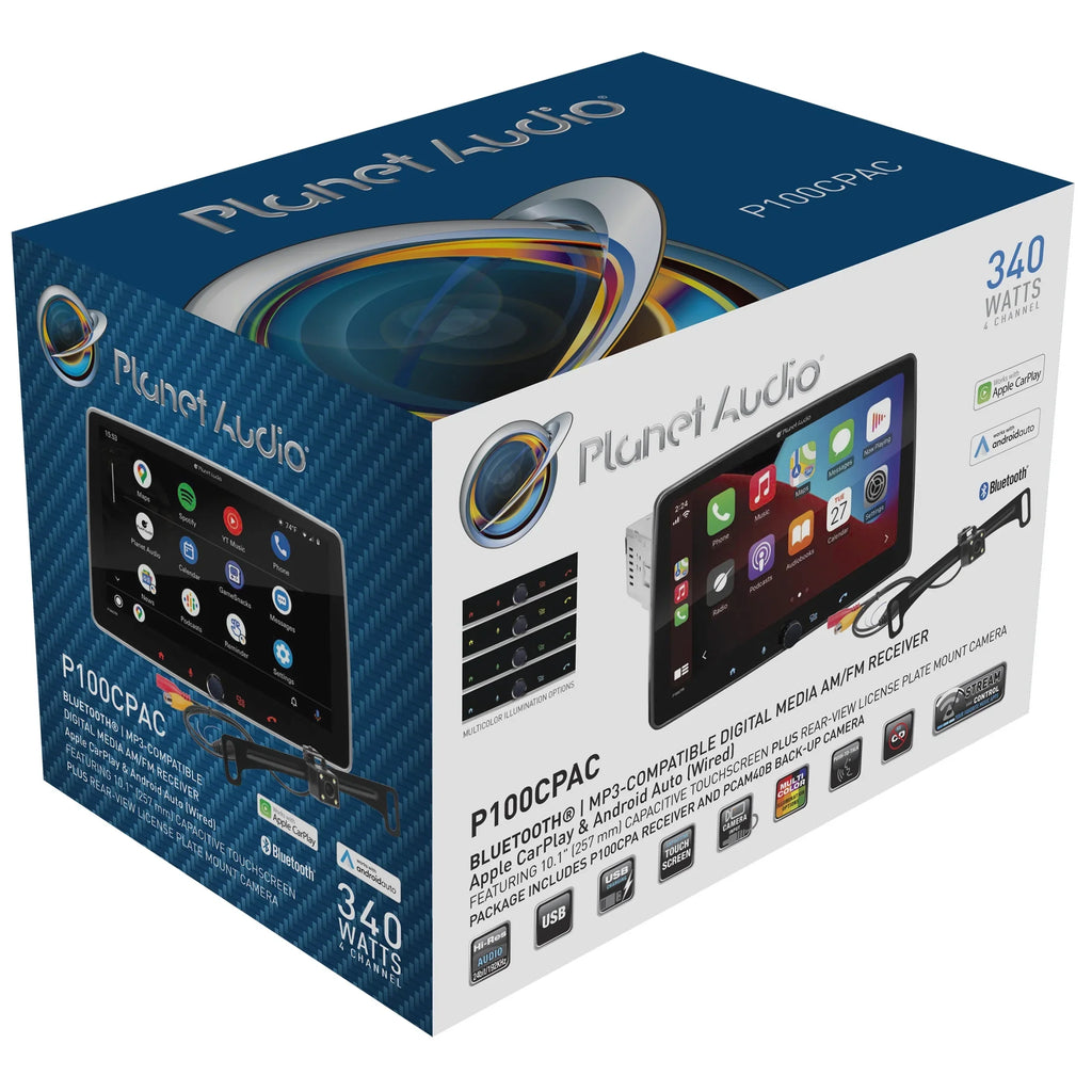 Planet Audio P100CPAC Car Stereo - CarPlay, Android Auto, Single Din, 10.1 Inch Touchscreen, Bluetooth, No CD DVD Player, AM/FM Radio Receiver, Backup Camera